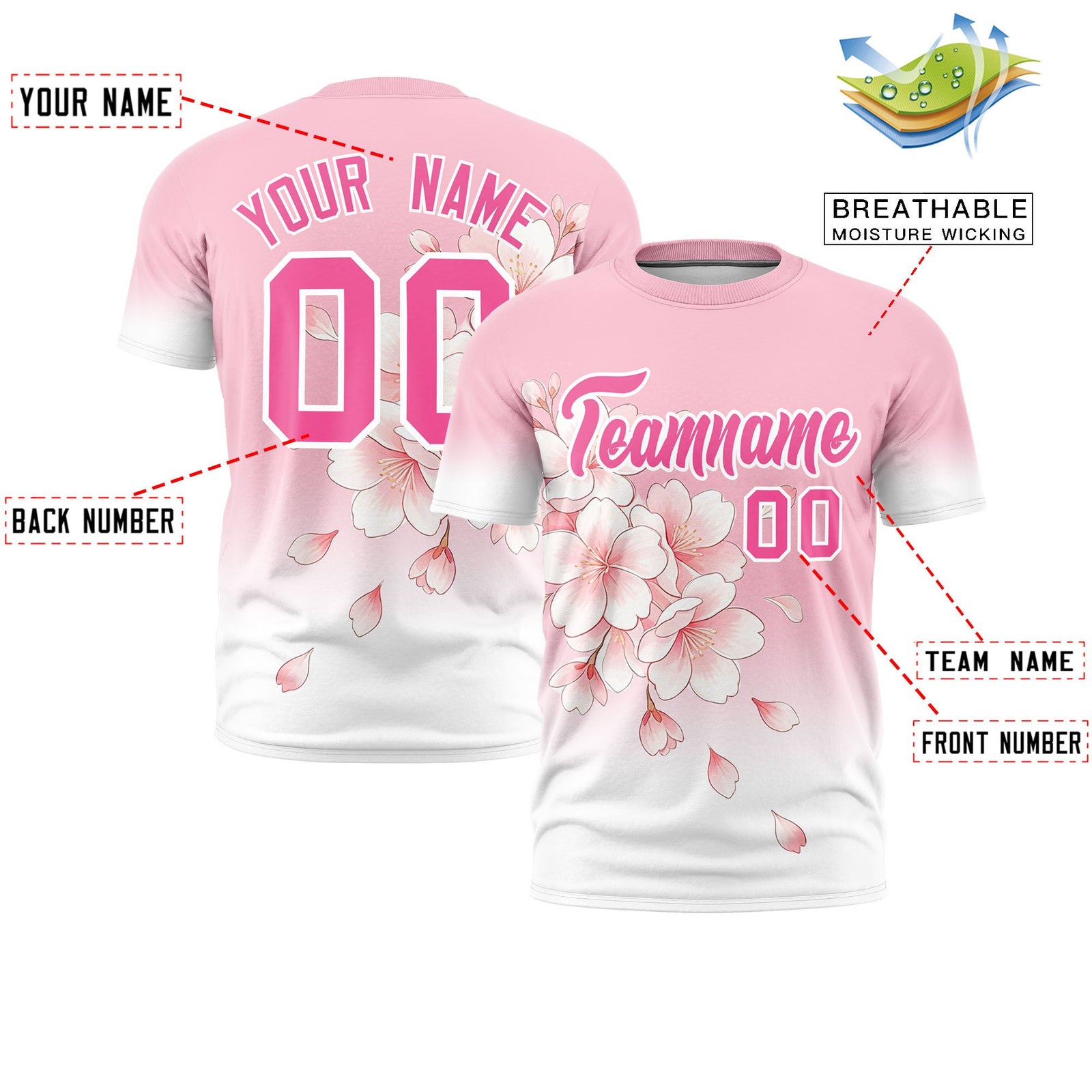 Custom Light Pink White Pink Cherry Blossoms Personalization Stretch Fabric T-shirt| KXKSHOP