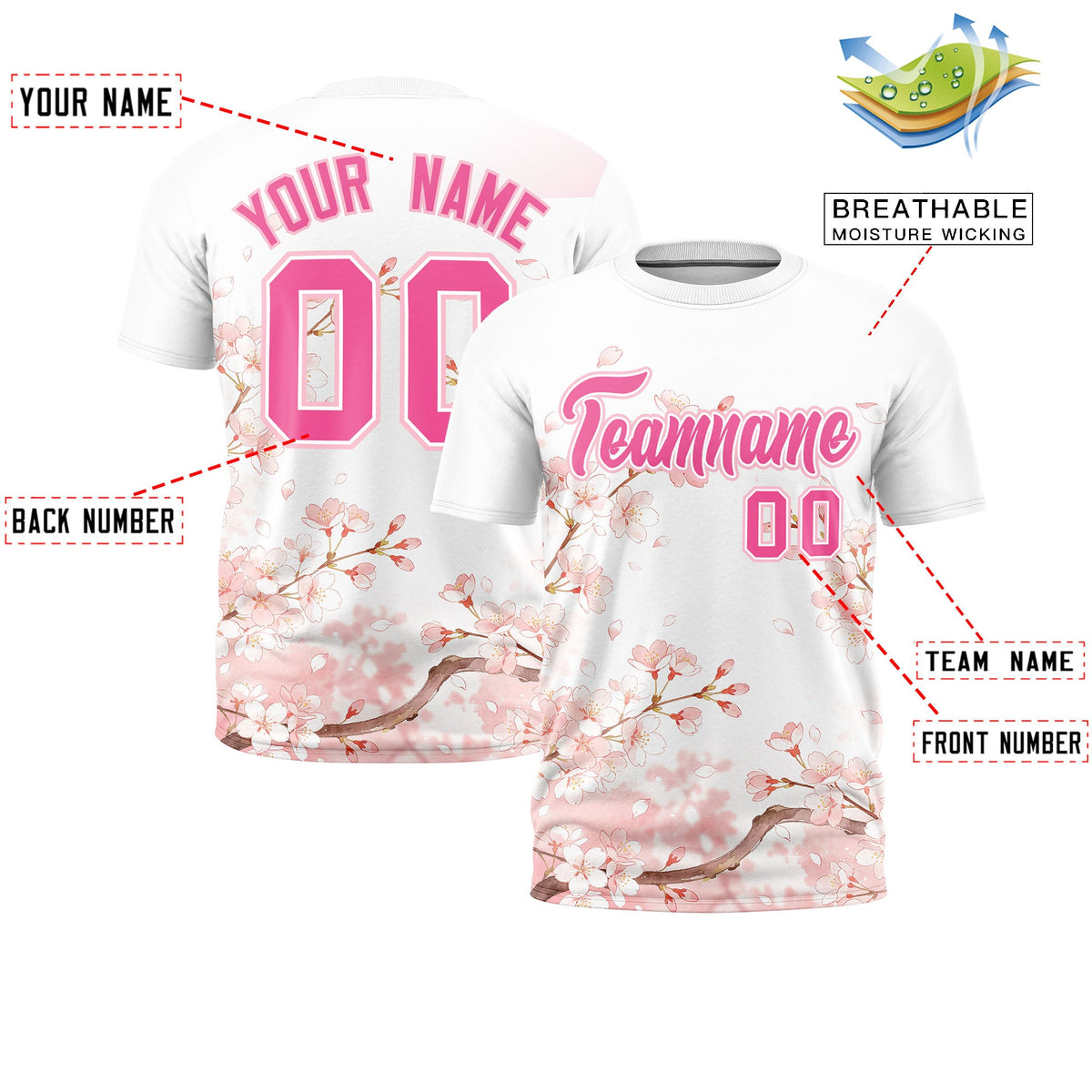 Custom White Pink Light Pink Cherry Blossoms Personalization Moisture-Wicking T-shirt| KXKSHOP