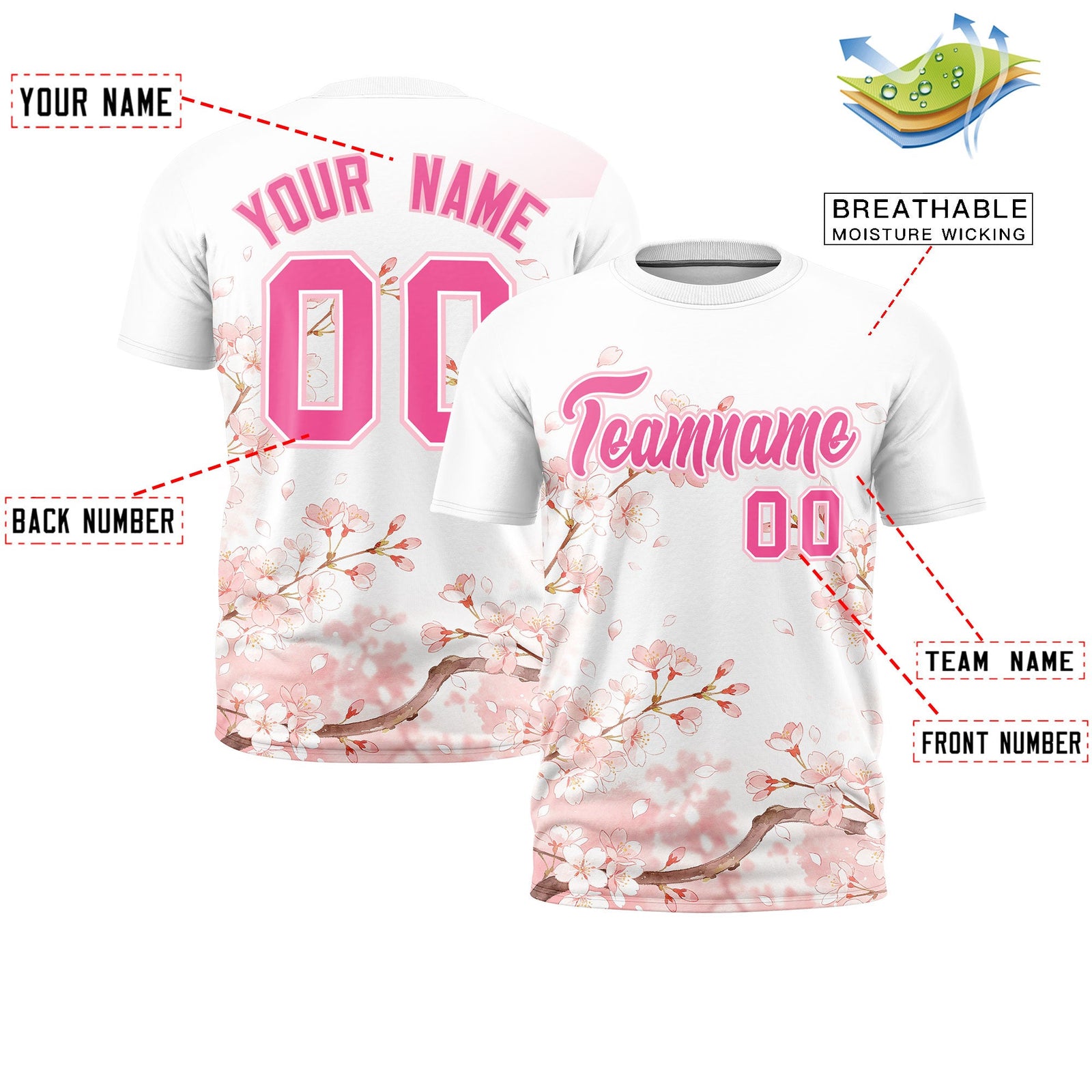 Custom White Pink Light Pink Cherry Blossoms Personalization Moisture-Wicking T-shirt| KXKSHOP