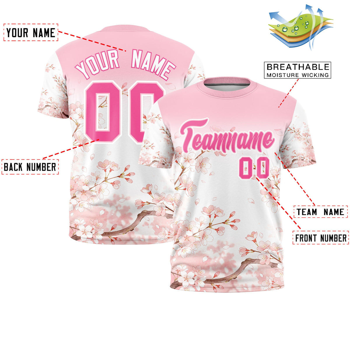 Custom Light Pink White Pink Cherry Blossoms Personalization Moisture-Wicking T-shirt| KXKSHOP