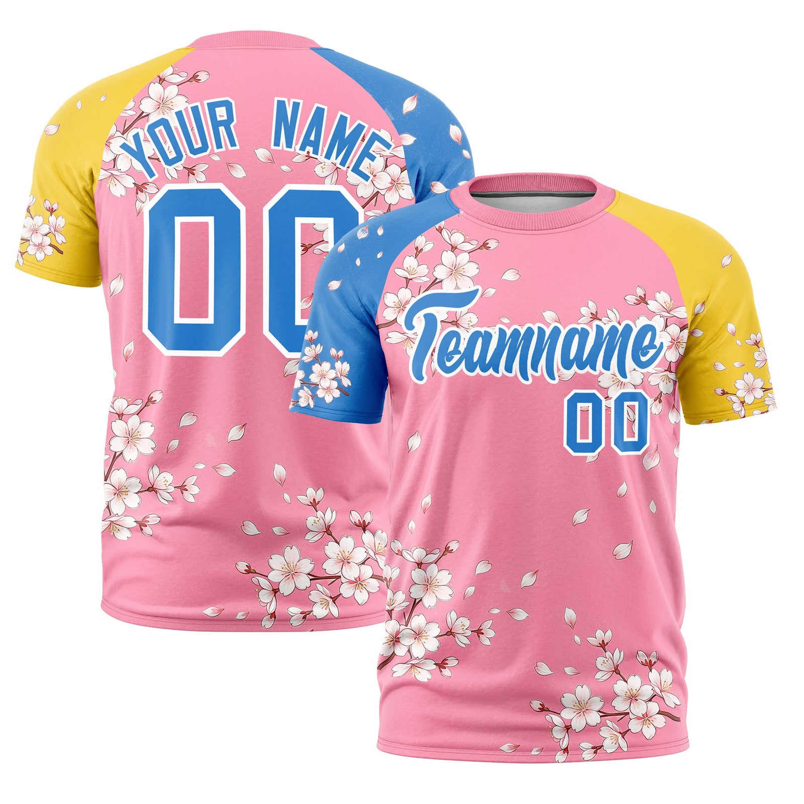 Custom Light Pink Light Blue Gold Cherry Blossoms Personalization Stretch Fabric T-shirt| KXKSHOP