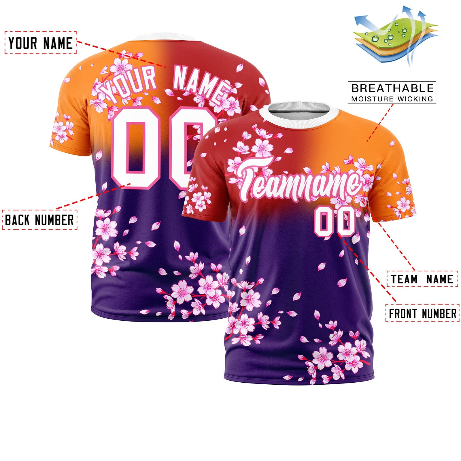 Custom Red Orange Purple Cherry Blossoms Personalization Moisture-Wicking T-shirt| KXKSHOP