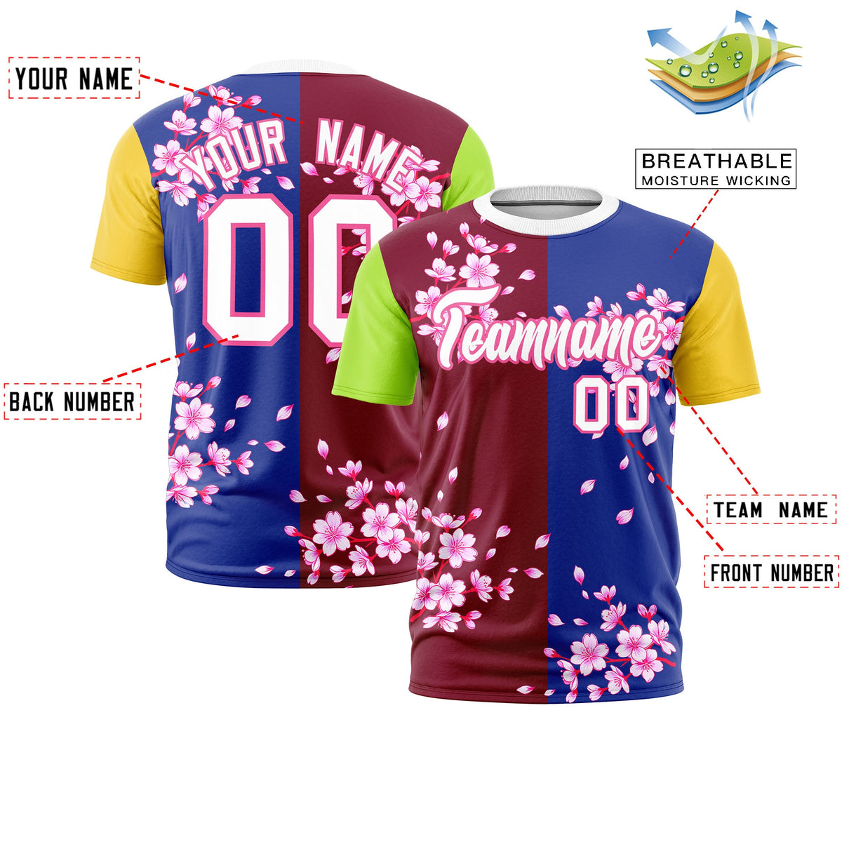 Custom Crimson Royal Blue Neon Green Cherry Blossoms Personalization Stretch Fabric T-shirt| KXKSHOP