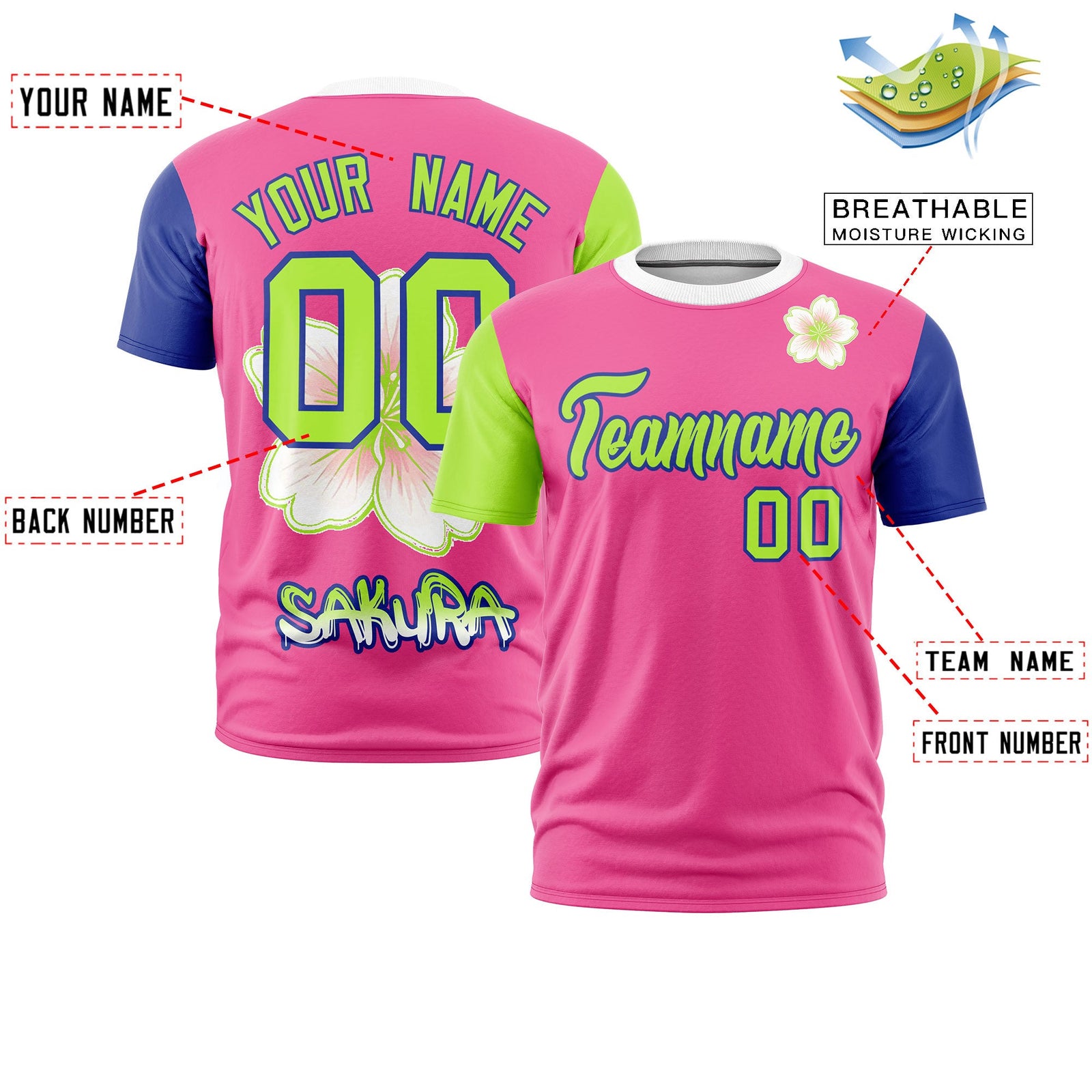 Custom Pink Neon Green Royal Blue Cherry Blossoms Personalization Moisture-Wicking T-shirt| KXKSHOP