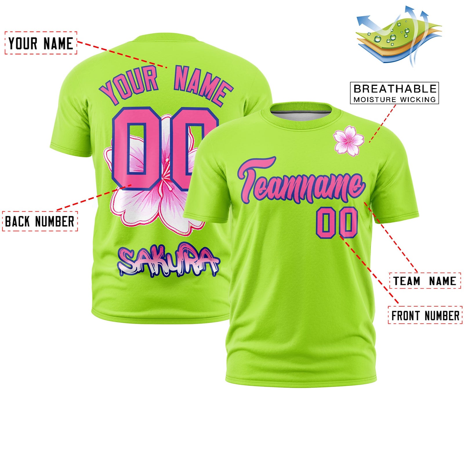 Custom Neon Green Pink Royal Blue Cherry Blossoms Personalization Stretch Fabric T-shirt| KXKSHOP