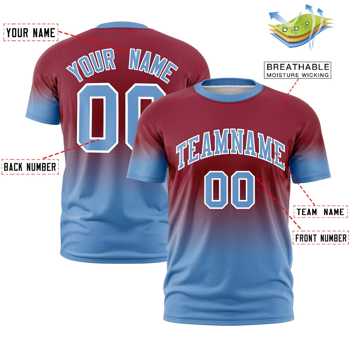 Custom Crimson Light Blue White Gradient Fashion Lightweight T-shirt| KXKSHOP