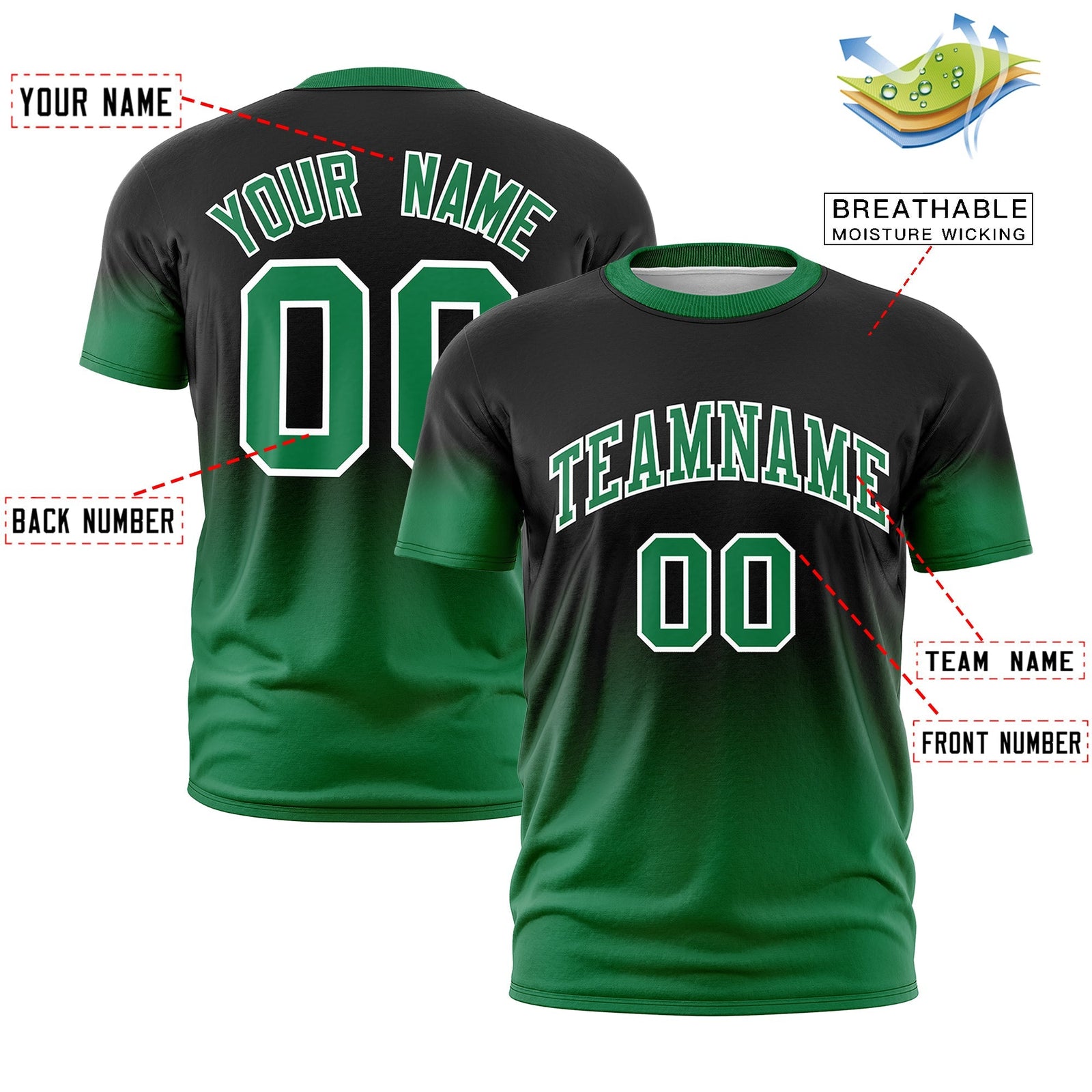 Custom Black Kelly Green White Gradient Fashion Quick Dry T-shirt| KXKSHOP