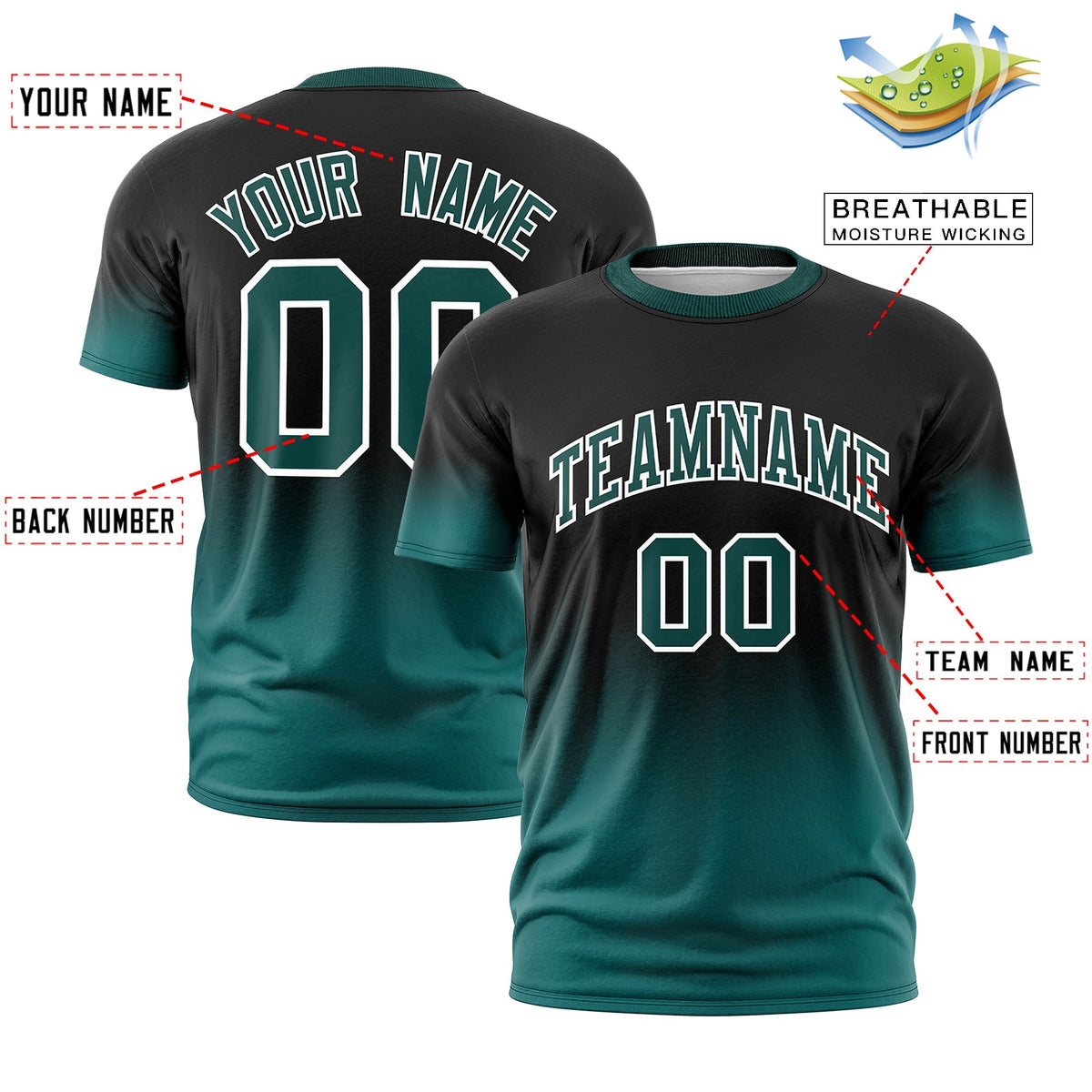 Custom Black Teal White Gradient Fashion Quick Dry T-shirt| KXKSHOP