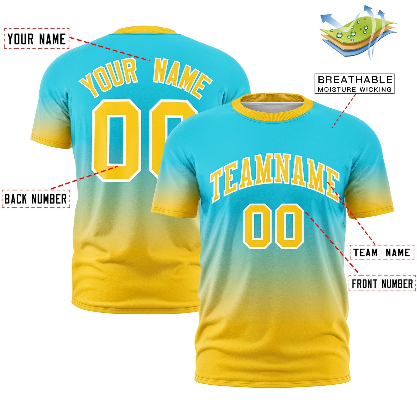Custom Sky Blue Gold White Gradient Fashion Quick Dry T-shirt| KXKSHOP