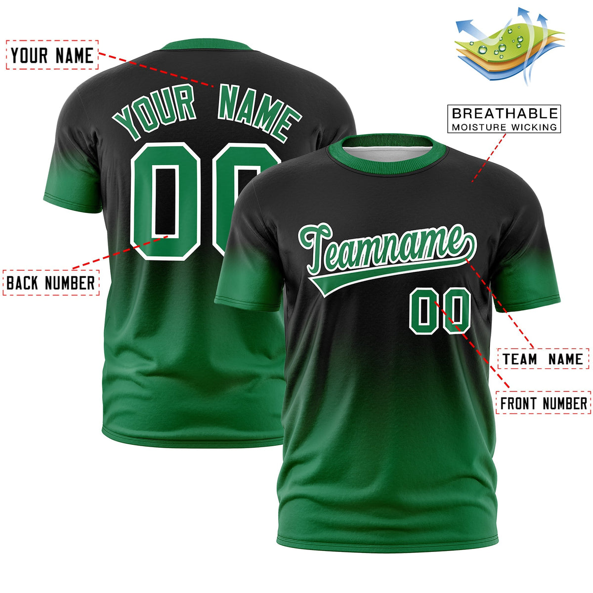 Custom Black Kelly Green White Gradient Fashion Quick Dry T-shirt| KXKSHOP