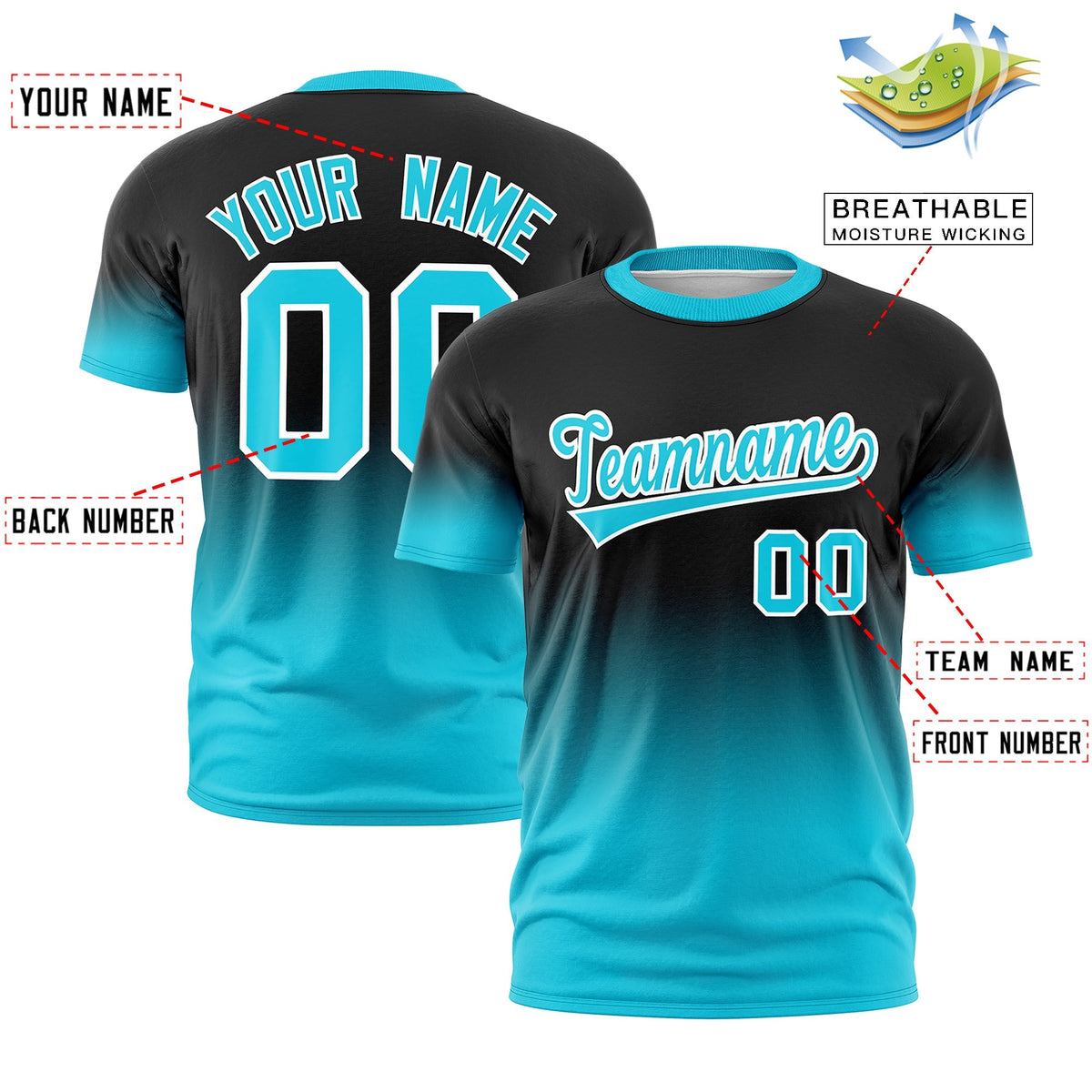 Custom Black Sky Blue White Gradient Fashion Lightweight T-shirt| KXKSHOP