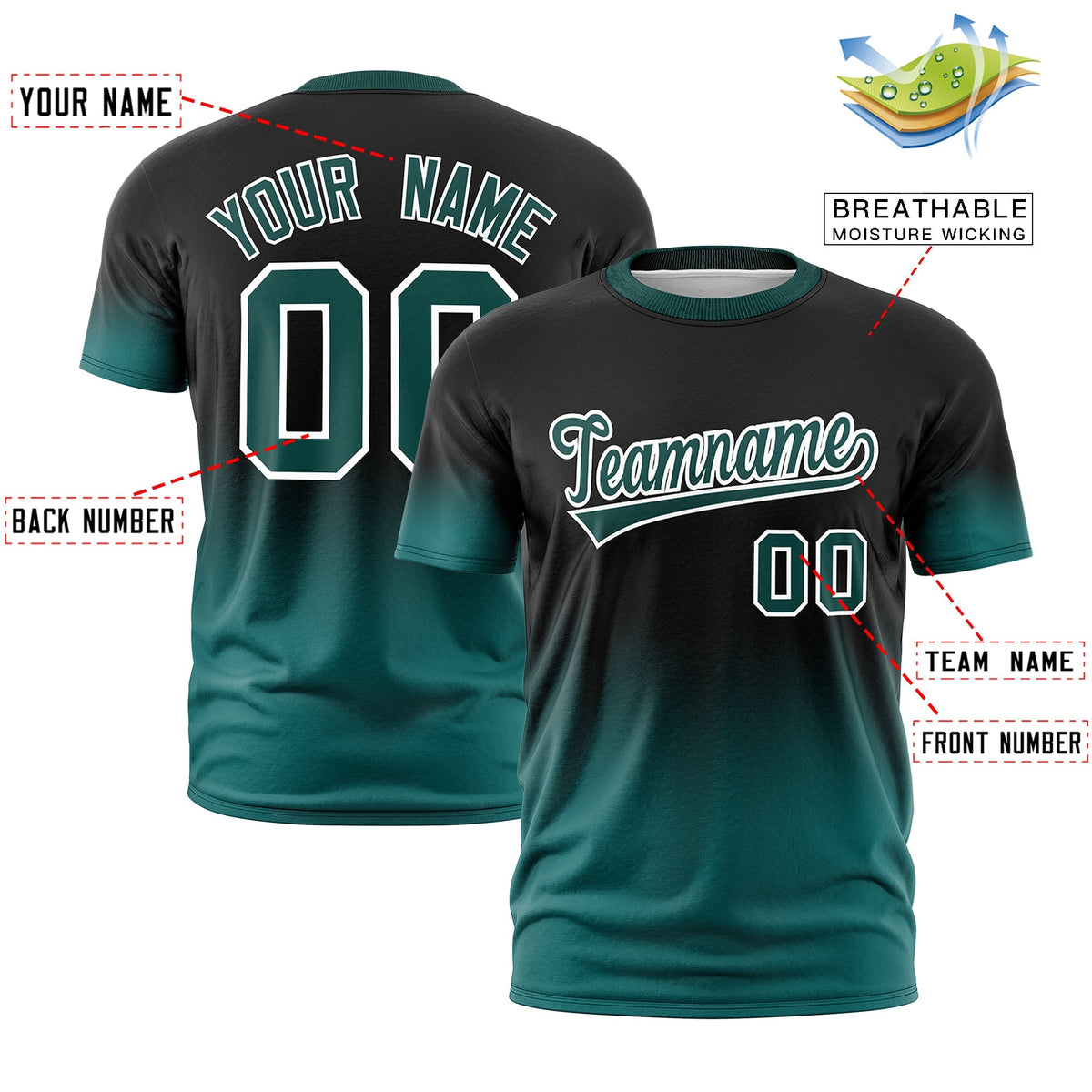 Custom Black Teal White Gradient Fashion Quick Dry T-shirt| KXKSHOP