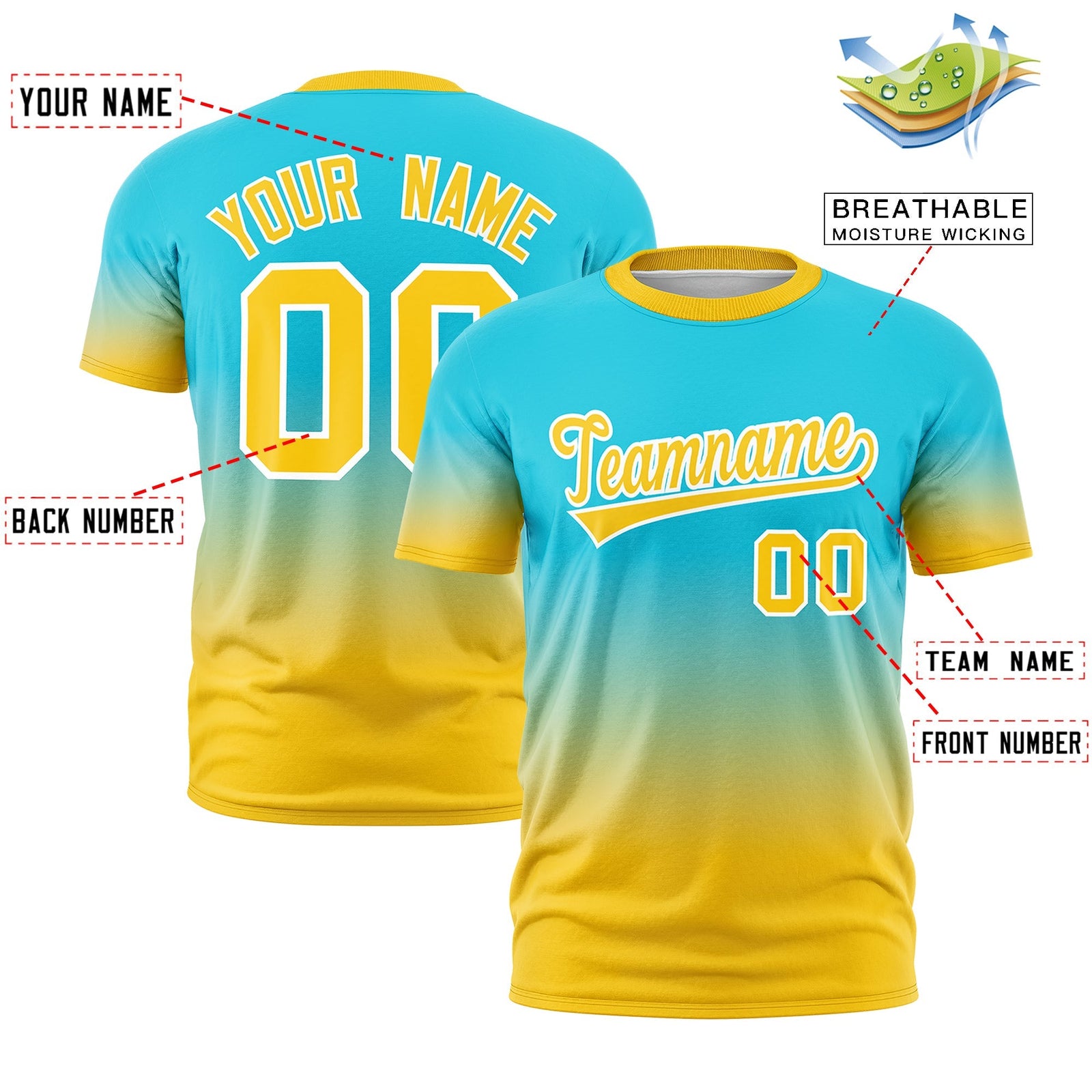 Custom Sky Blue Gold White Gradient Fashion Quick Dry T-shirt| KXKSHOP