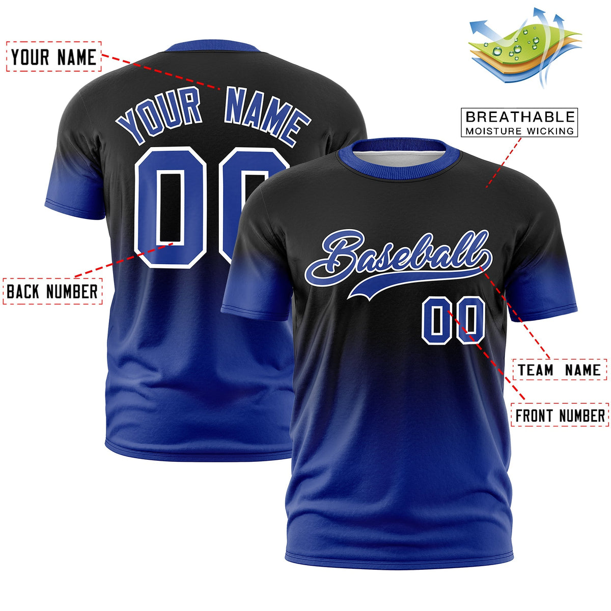 Custom Black Royal Blue White Gradient Fashion Lightweight T-shirt| KXKSHOP