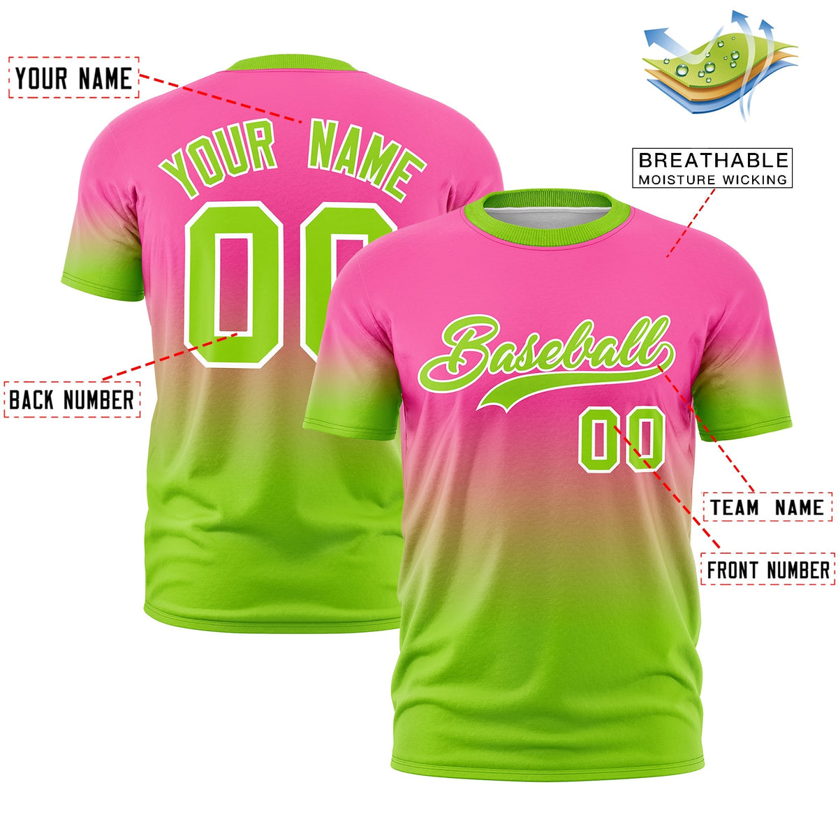 Custom Pink Neon Green White Gradient Fashion Quick Dry T-shirt| KXKSHOP