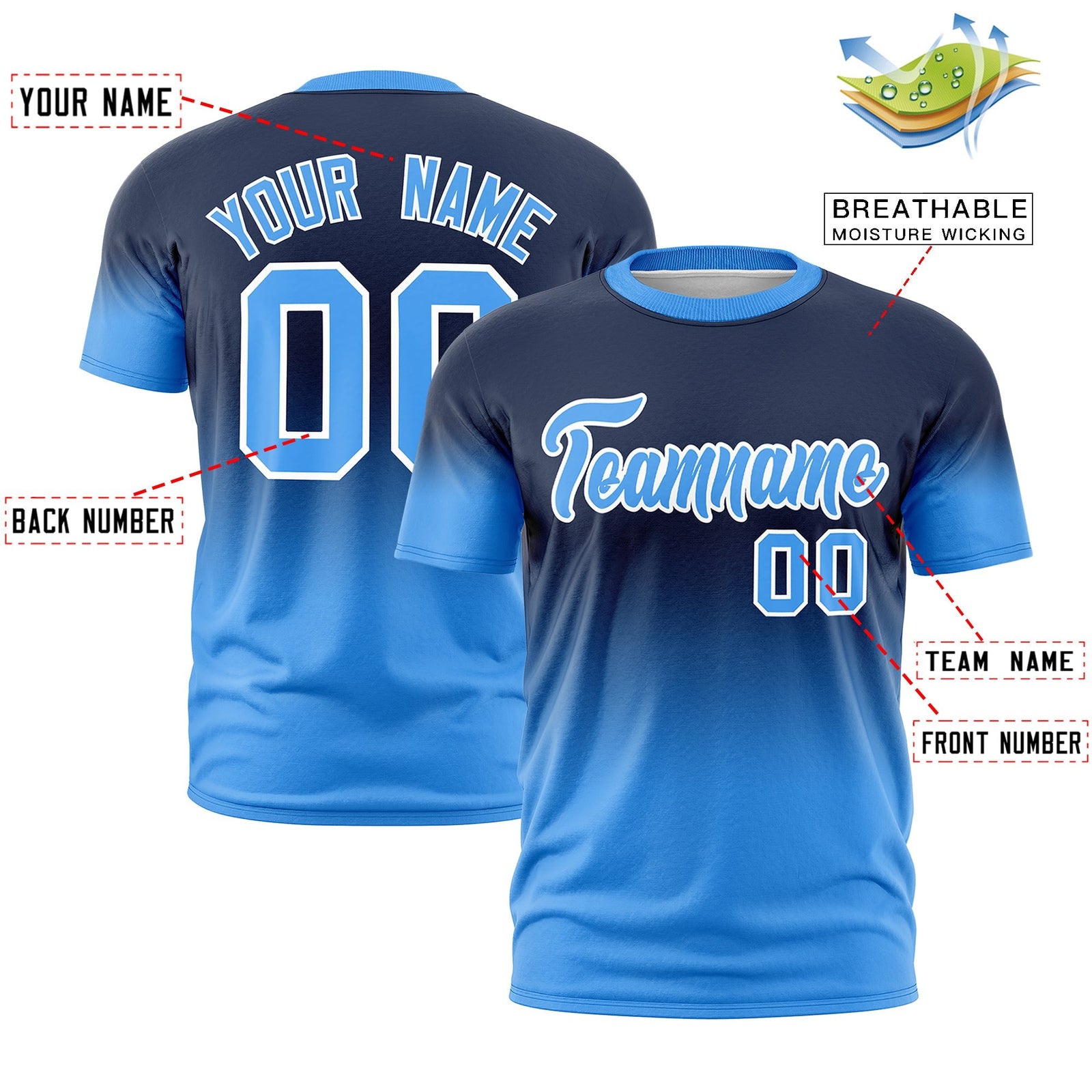 Custom Navy Powder Blue White Gradient Fashion Lightweight T-shirt| KXKSHOP