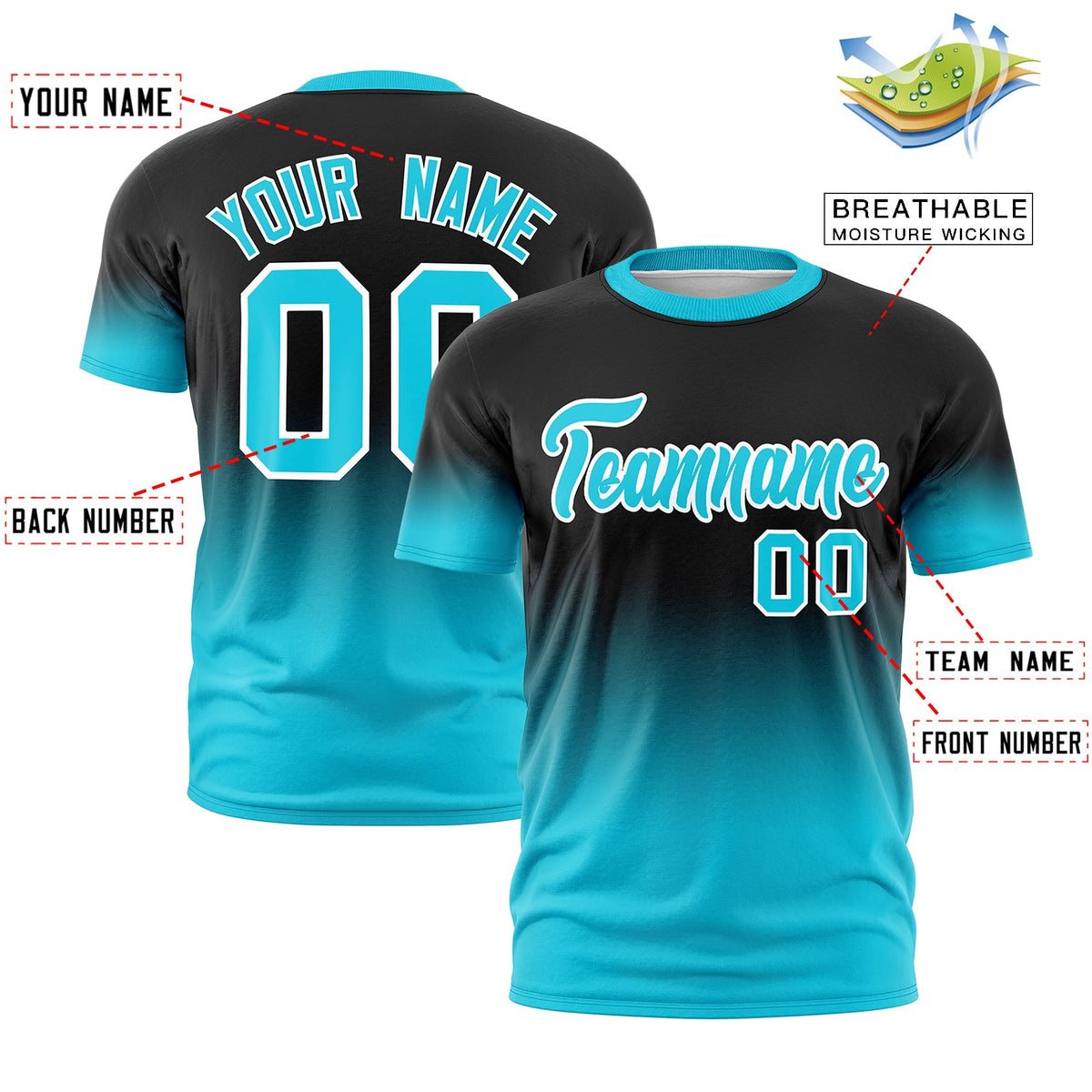 Custom Black Sky Blue White Gradient Fashion Lightweight T-shirt| KXKSHOP