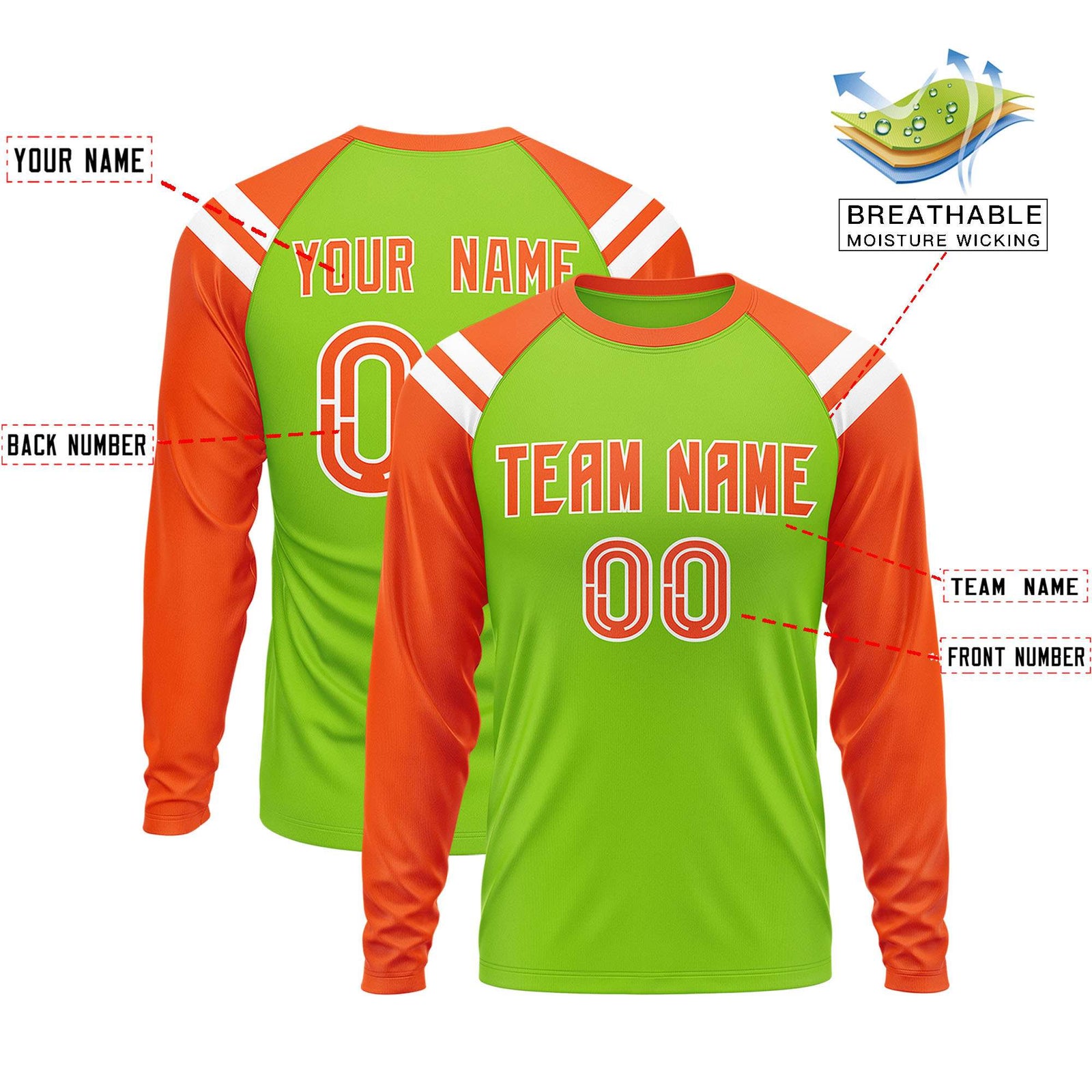 Custom Neon Green Orange-White Crew Neck Personalized Raglan Long Sleeve Performance T-Shirt