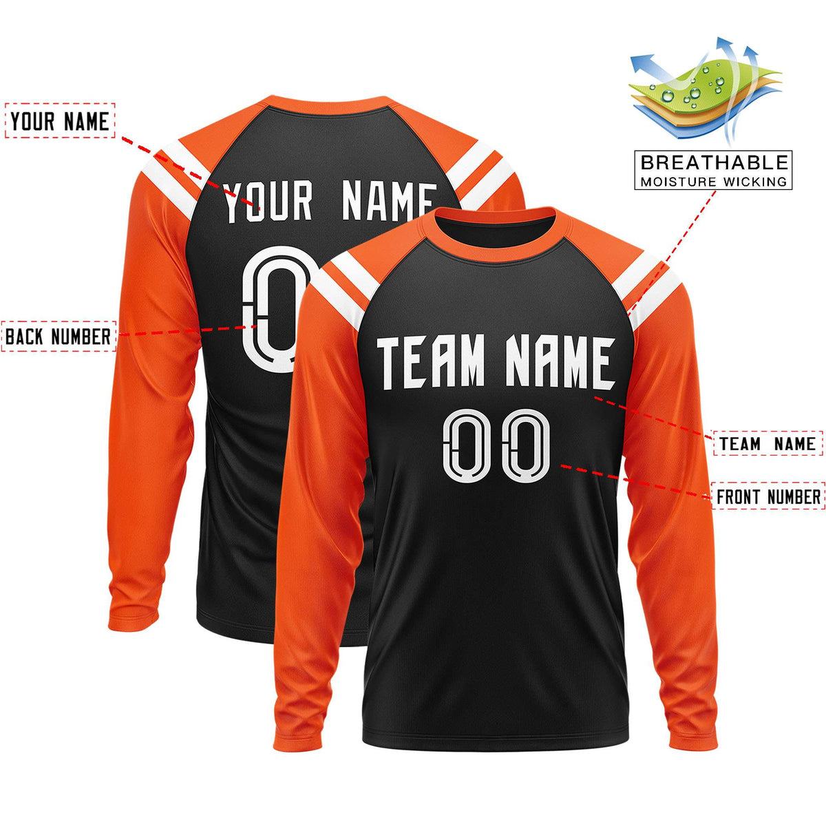Custom Black Orange-White Crew Neck Personalized Raglan Long Sleeve Performance T-Shirt