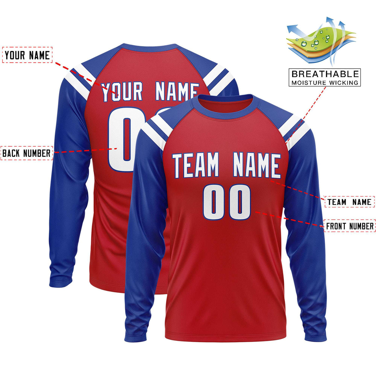 Custom Red Royal-White Crew Neck Personalized Raglan Long Sleeve Performance T-Shirt