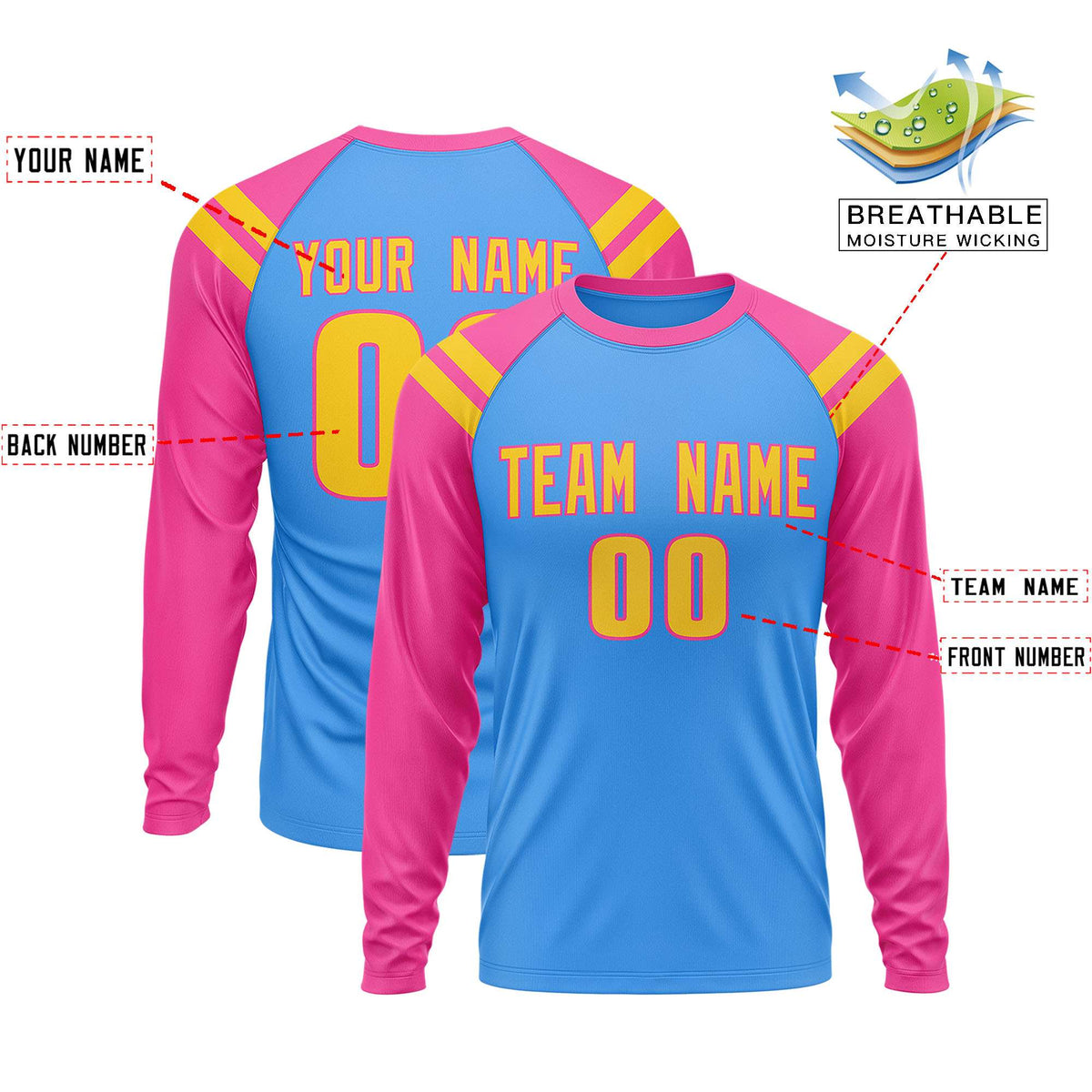 Custom Powder Blue Pink-Gold Crew Neck Personalized Raglan Long Sleeve Performance T-Shirt