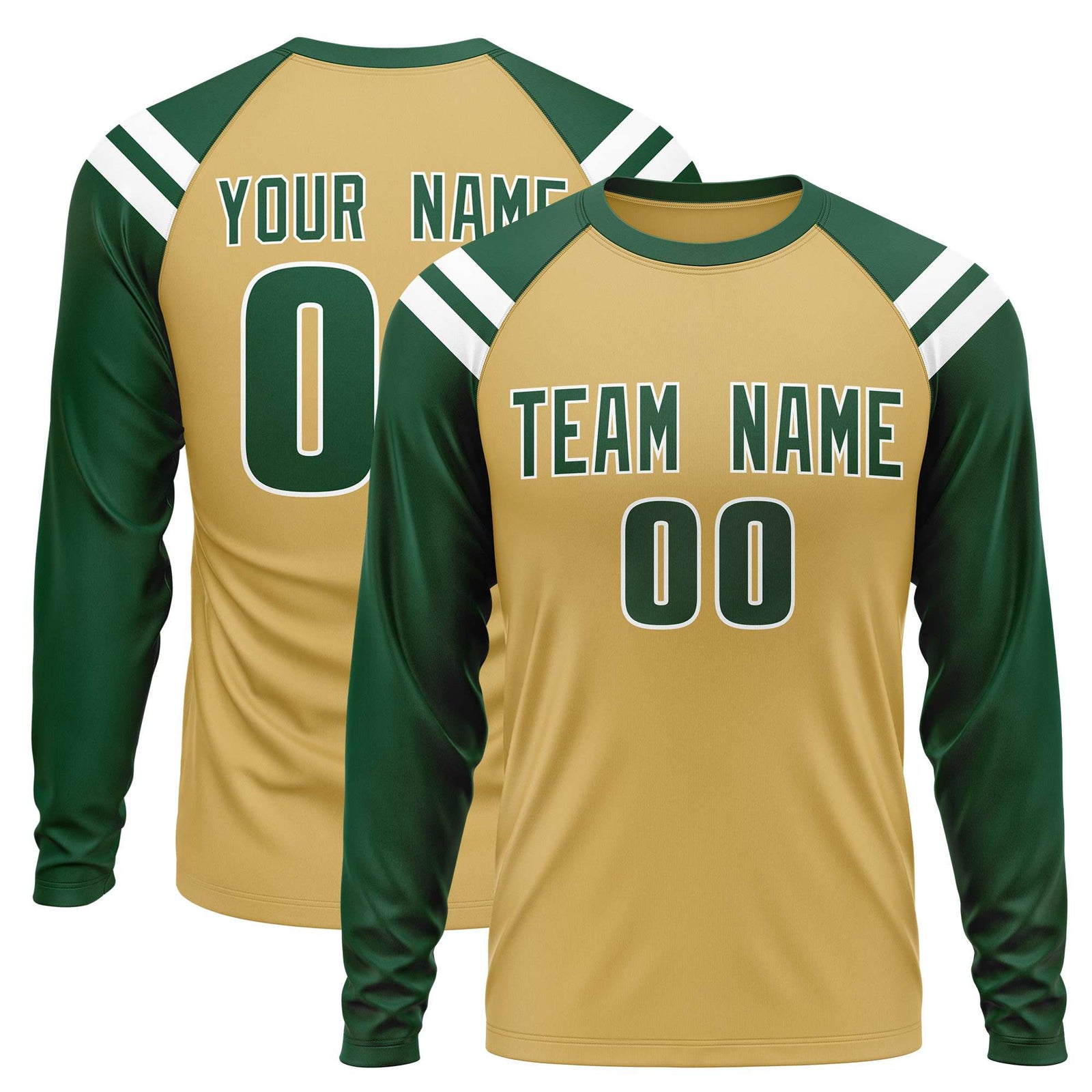 Custom Old Gold Green-White Crew Neck Personalized Raglan Long Sleeve Performance T-Shirt