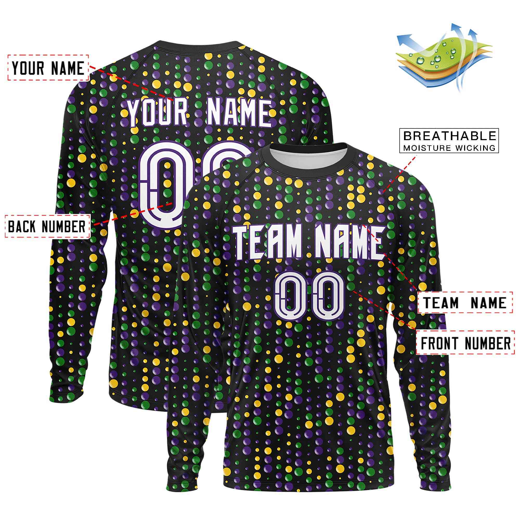 Custom Black White Crew Neck Personalized Mardi Gras Long Sleeve Performance T-shirt | KXKSHOP