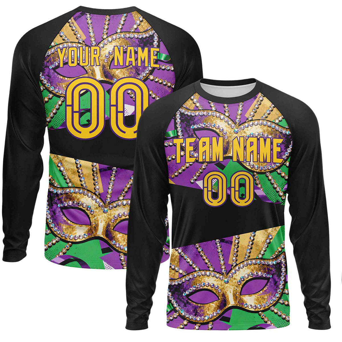 Custom Black Gold Crew Neck Personalized Mardi Gras Long Sleeve Performance T-shirt | KXKSHOP