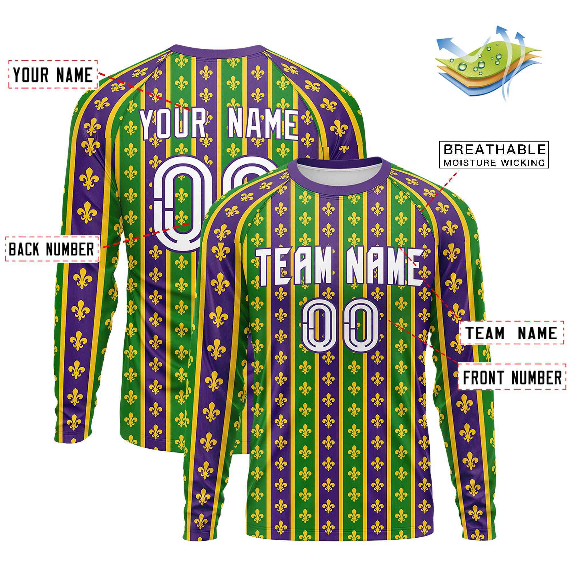 Custom Purple Kelly Green Crew Neck Personalized Mardi Gras Long Sleeve Performance T-shirt | KXKSHOP