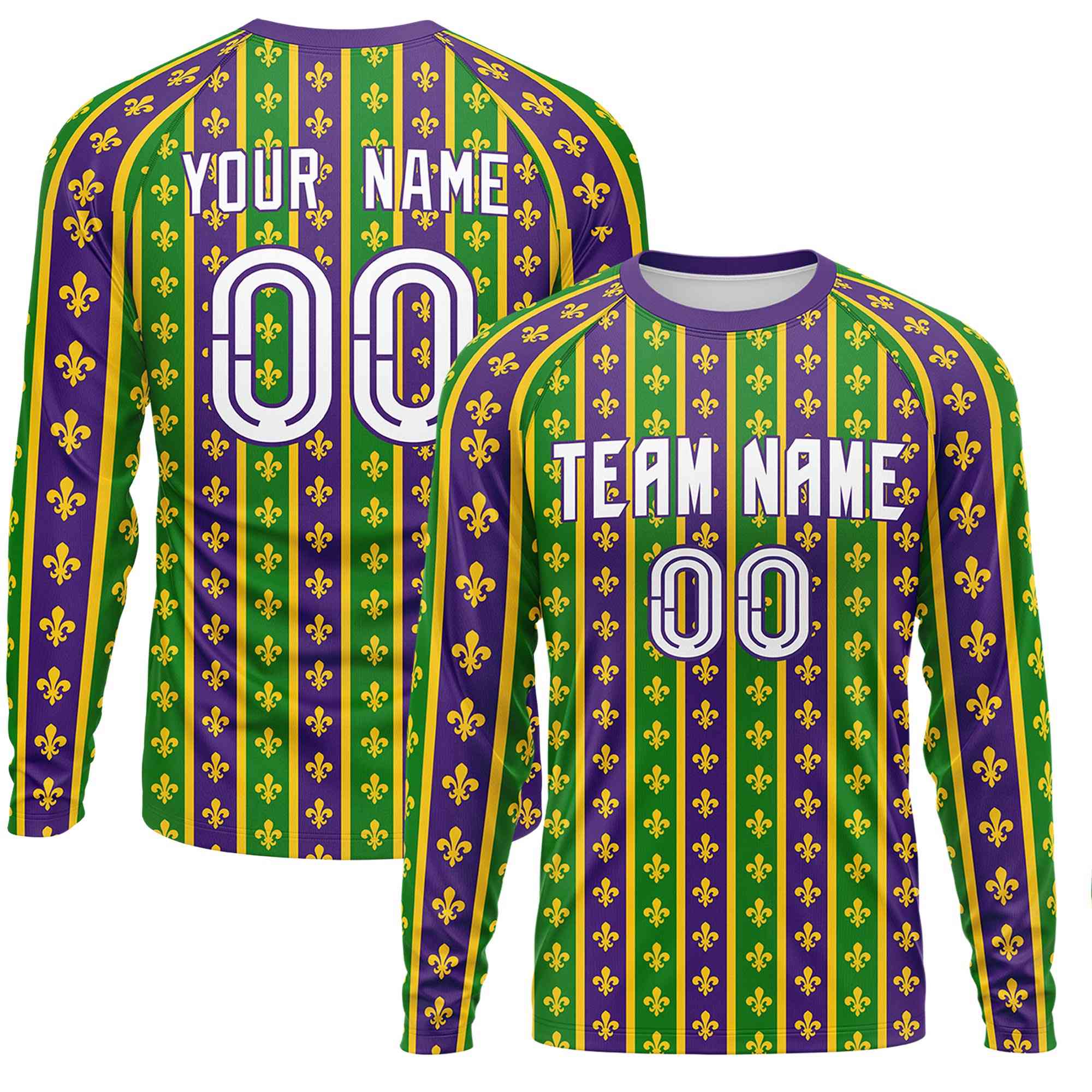 Custom Purple Kelly Green Crew Neck Personalized Mardi Gras Long Sleeve Performance T-shirt | KXKSHOP