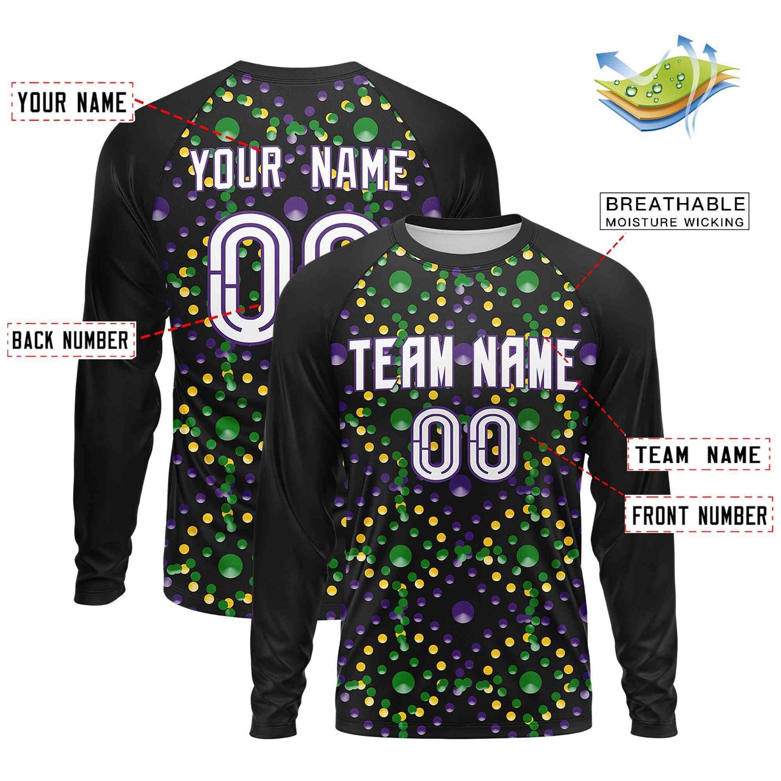 Custom Black Purple Crew Neck Personalized Mardi Gras Long Sleeve Performance T-shirt | KXKSHOP