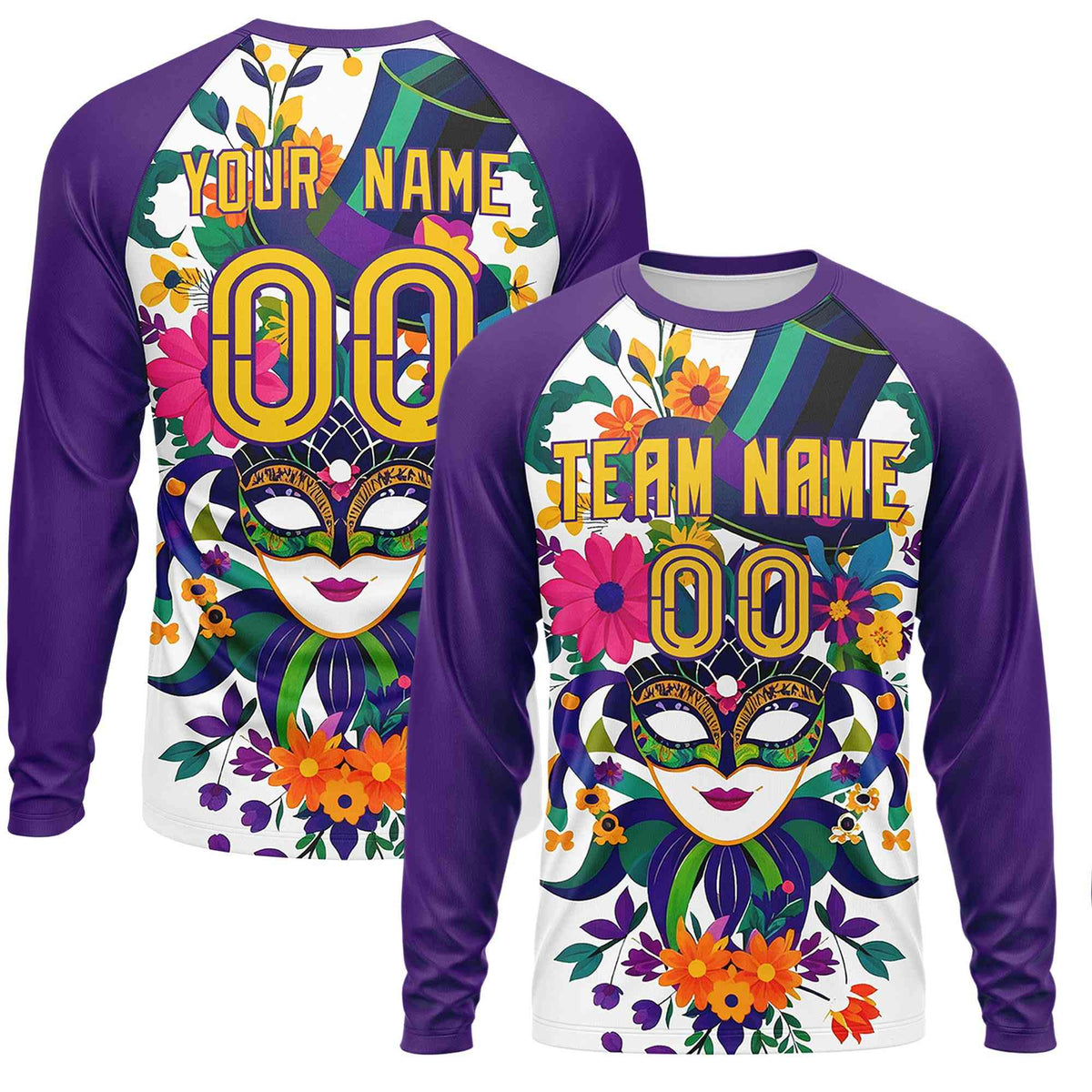 Custom Purple Gold Crew Neck Personalized Mardi Gras Long Sleeve Performance T-shirt | KXKSHOP