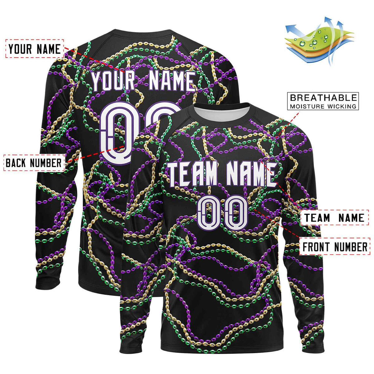 Custom Black Purple Crew Neck Personalized Mardi Gras Long Sleeve Performance T-shirt | KXKSHOP