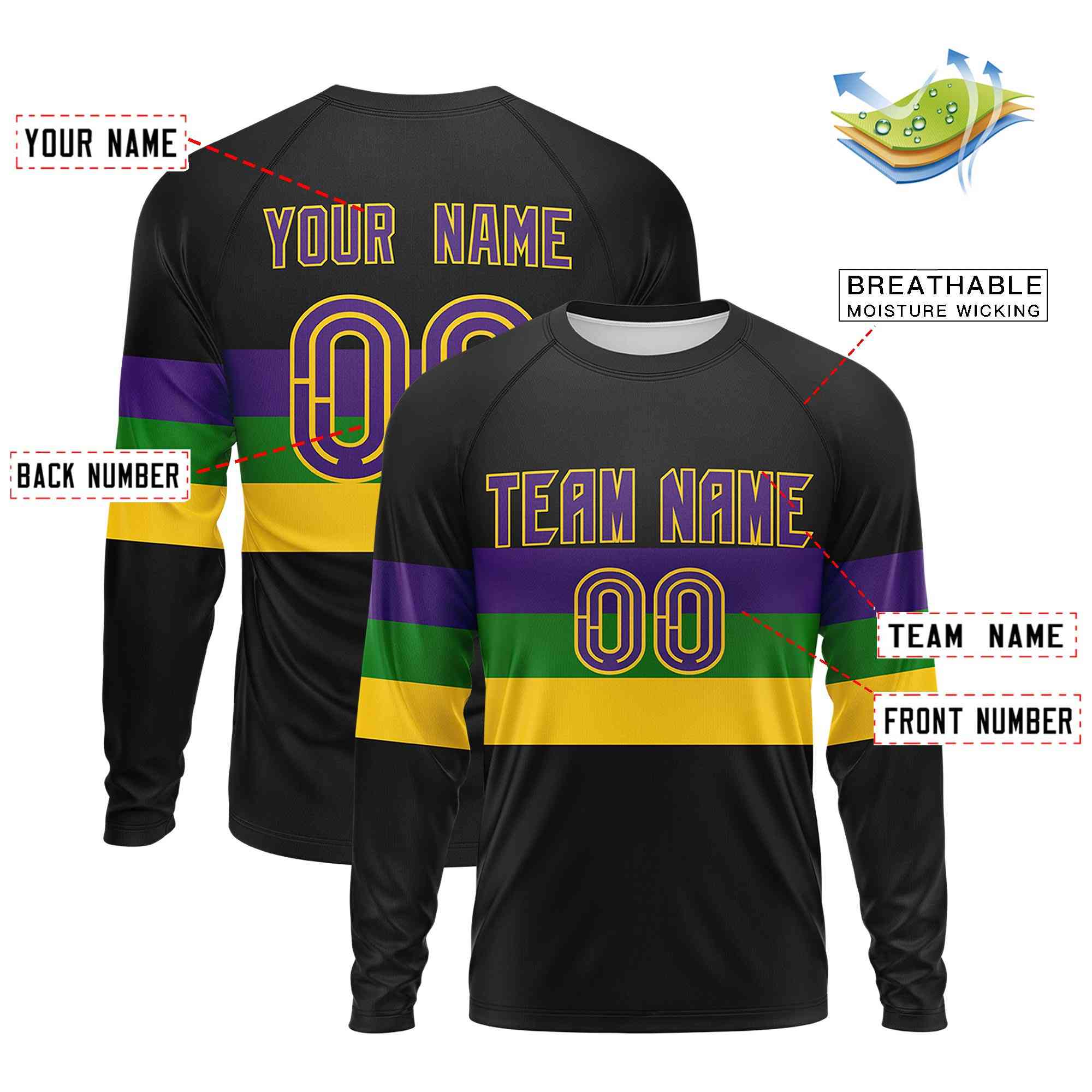 Custom Black Purple Crew Neck Personalized Mardi Gras Long Sleeve Performance T-shirt | KXKSHOP