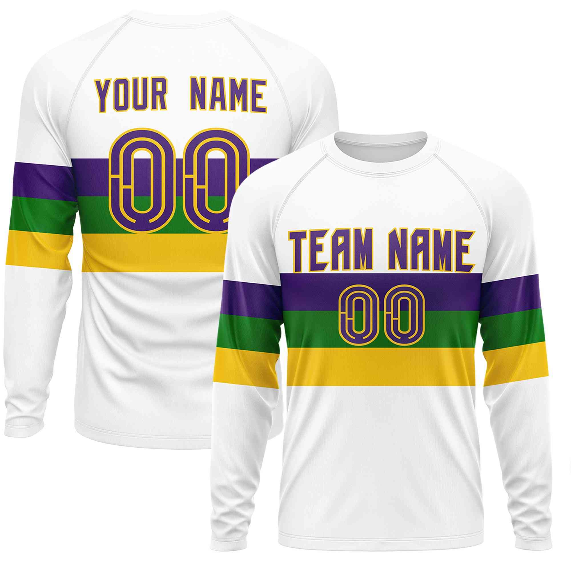 Custom White Purple Crew Neck Personalized Mardi Gras Long Sleeve Performance T-shirt | KXKSHOP