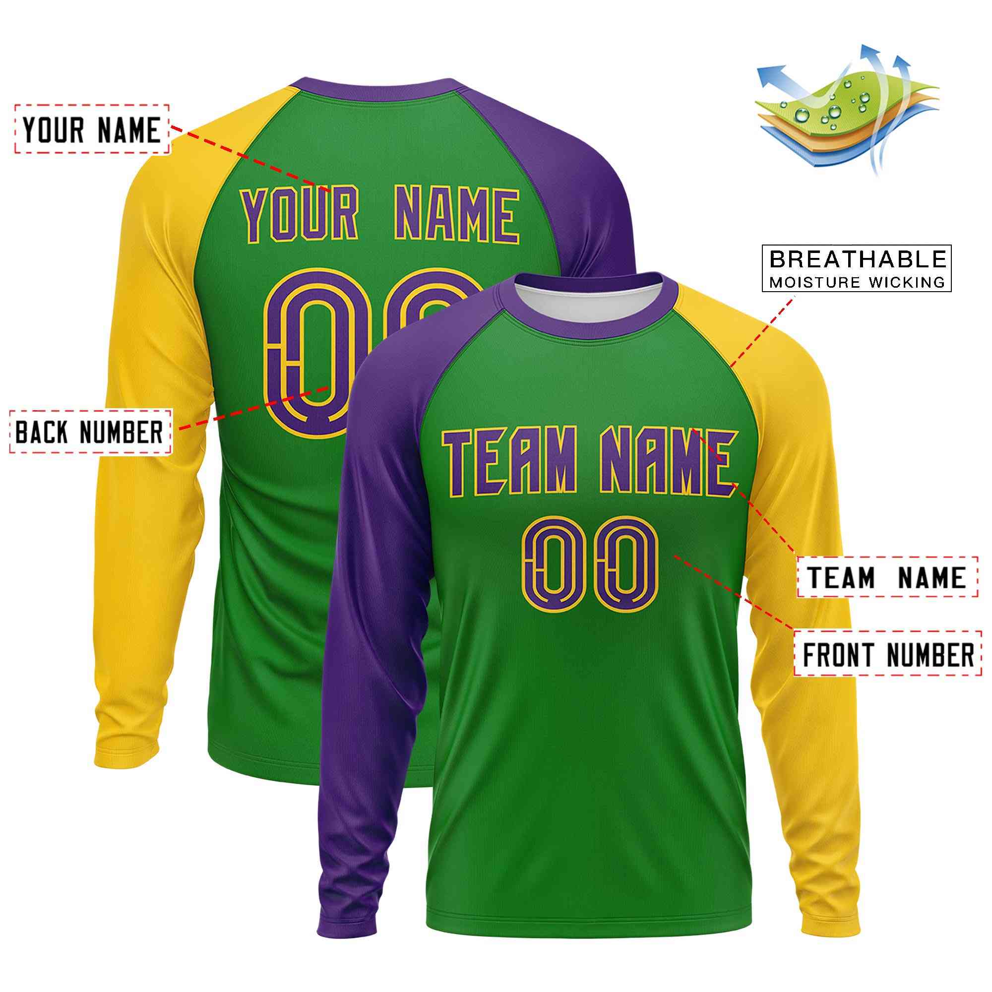 Custom Kelly Green Purple Crew Neck Personalized Mardi Gras Long Sleeve Performance T-shirt | KXKSHOP