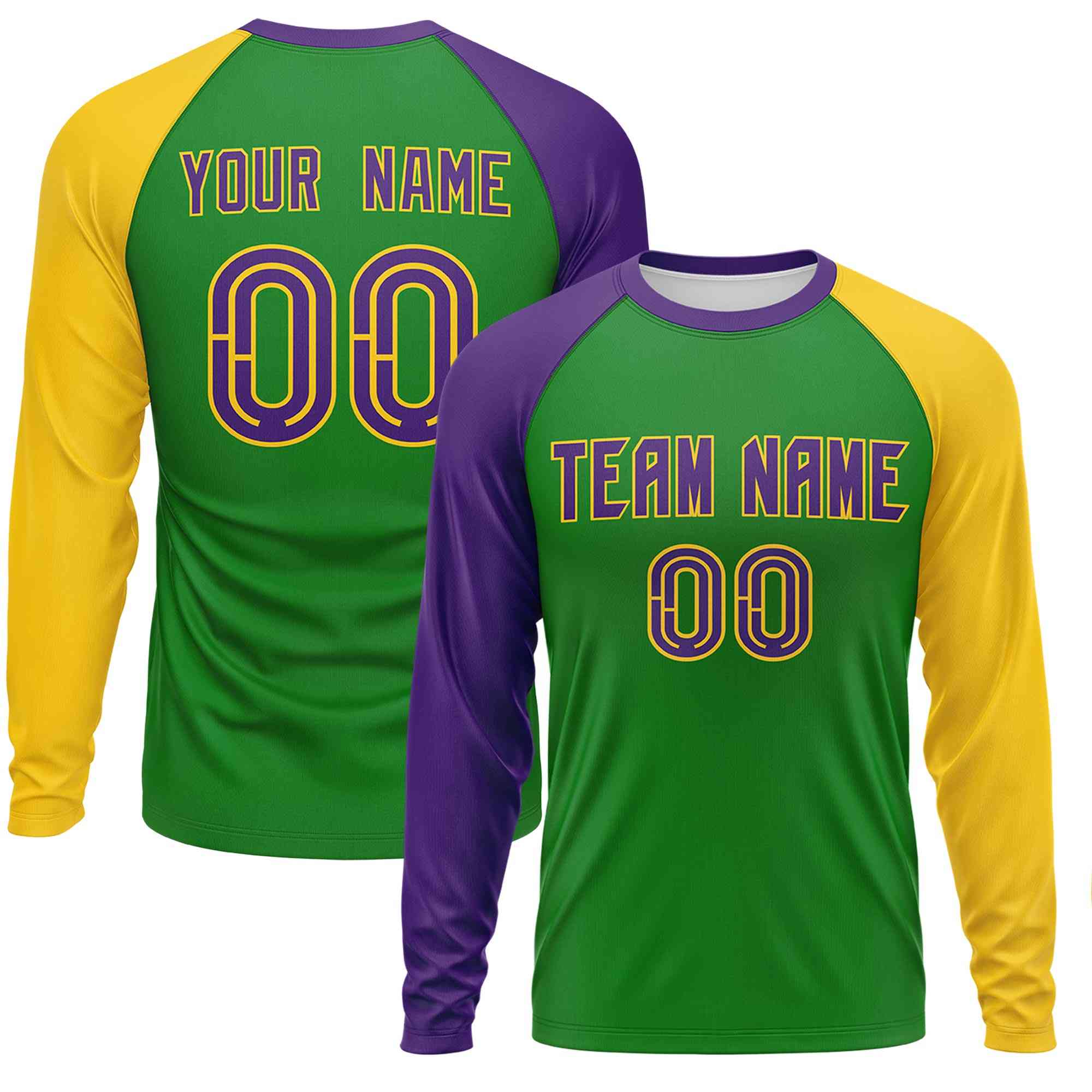 Custom Kelly Green Purple Crew Neck Personalized Mardi Gras Long Sleeve Performance T-shirt | KXKSHOP