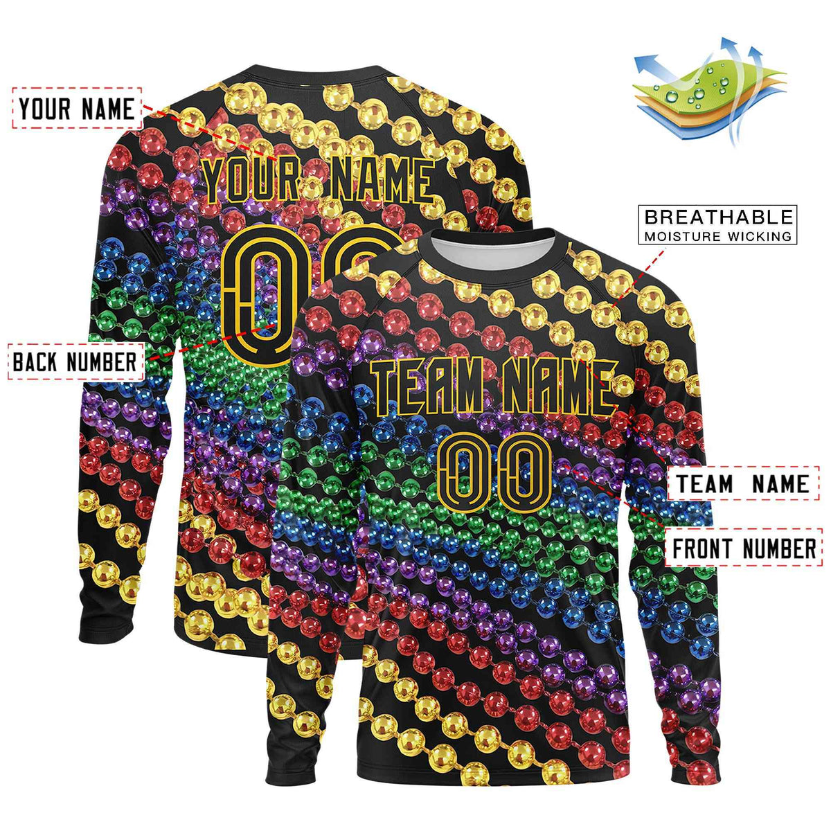 Custom Black Gold Crew Neck Personalized Mardi Gras Long Sleeve Performance T-shirt | KXKSHOP