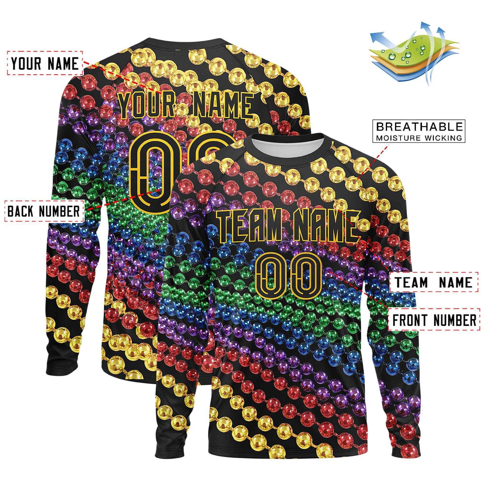 Custom Black Gold Crew Neck Personalized Mardi Gras Long Sleeve Performance T-shirt | KXKSHOP