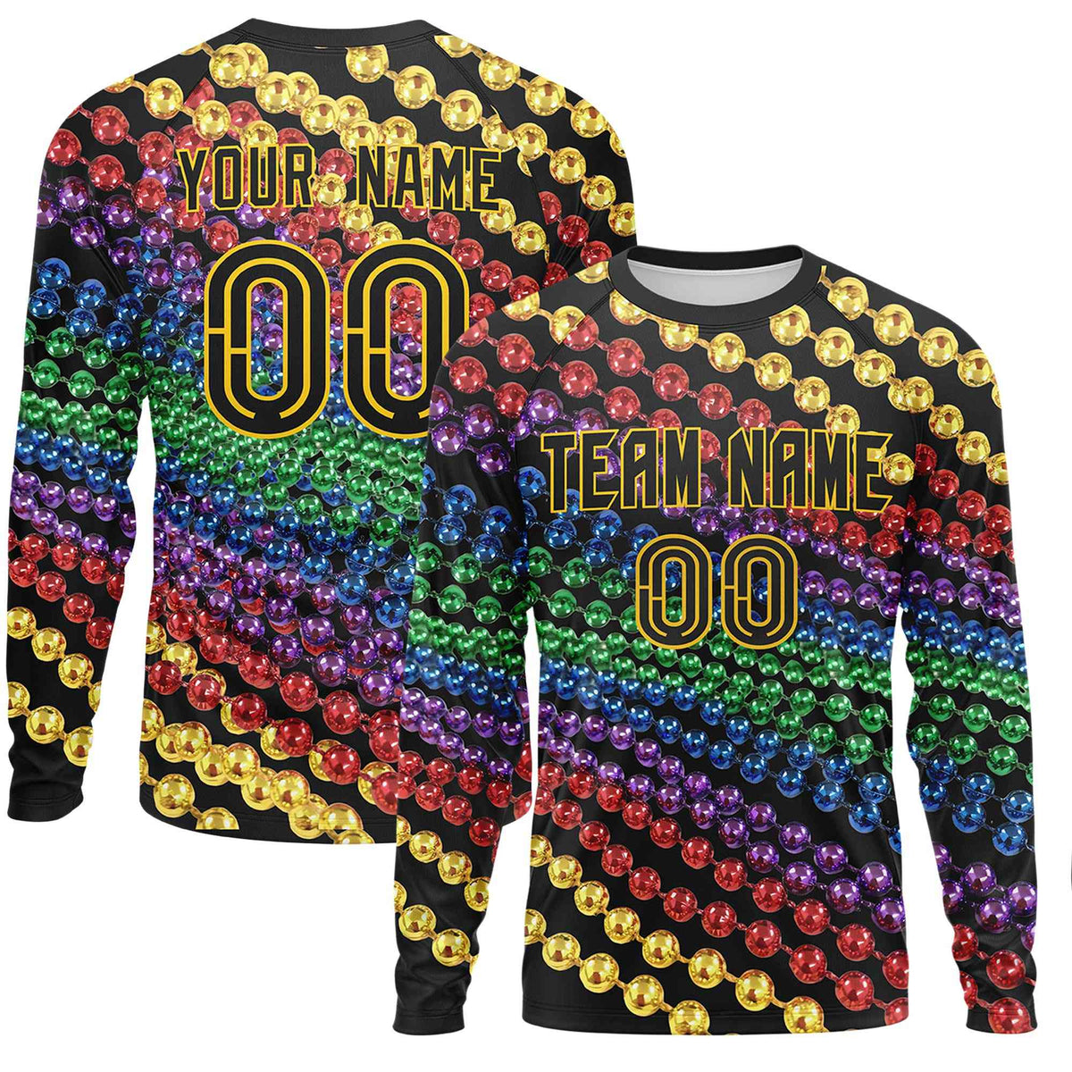 Custom Black Gold Crew Neck Personalized Mardi Gras Long Sleeve Performance T-shirt | KXKSHOP