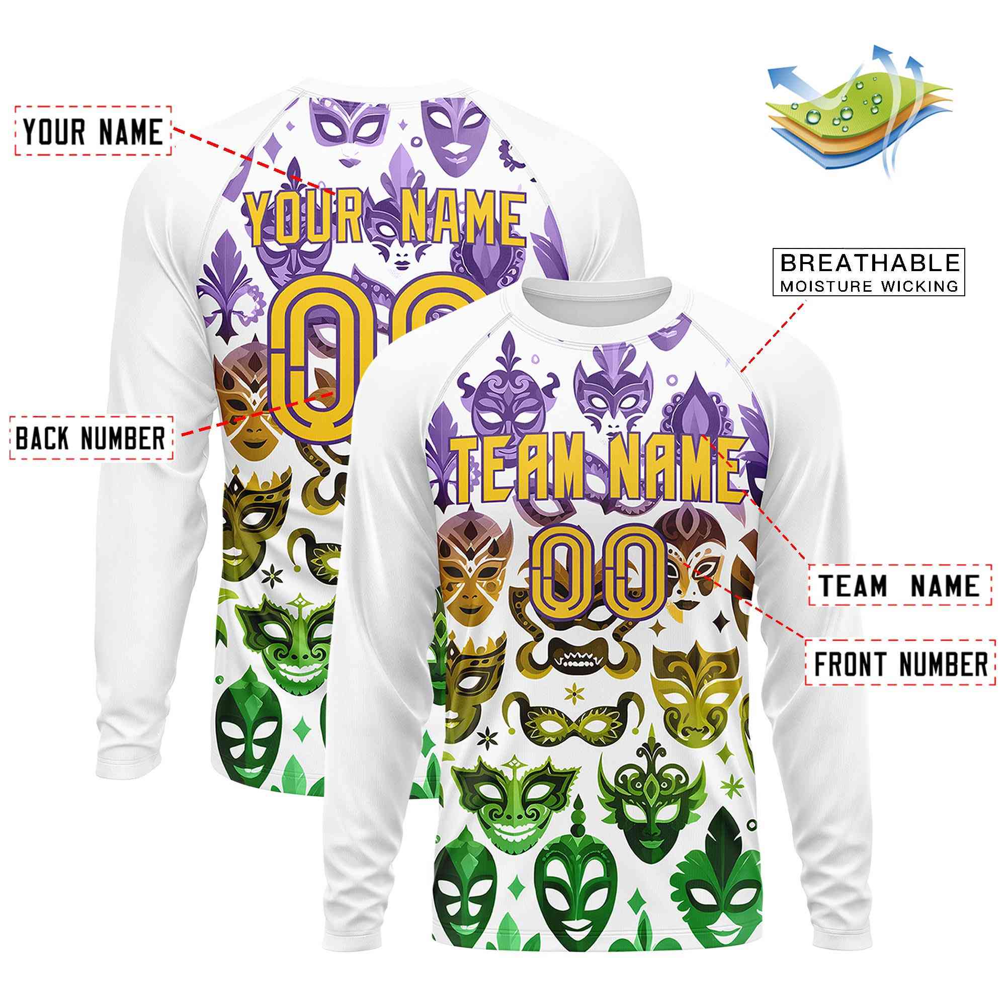Custom White Gold Crew Neck Personalized Mardi Gras Long Sleeve Performance T-shirt | KXKSHOP