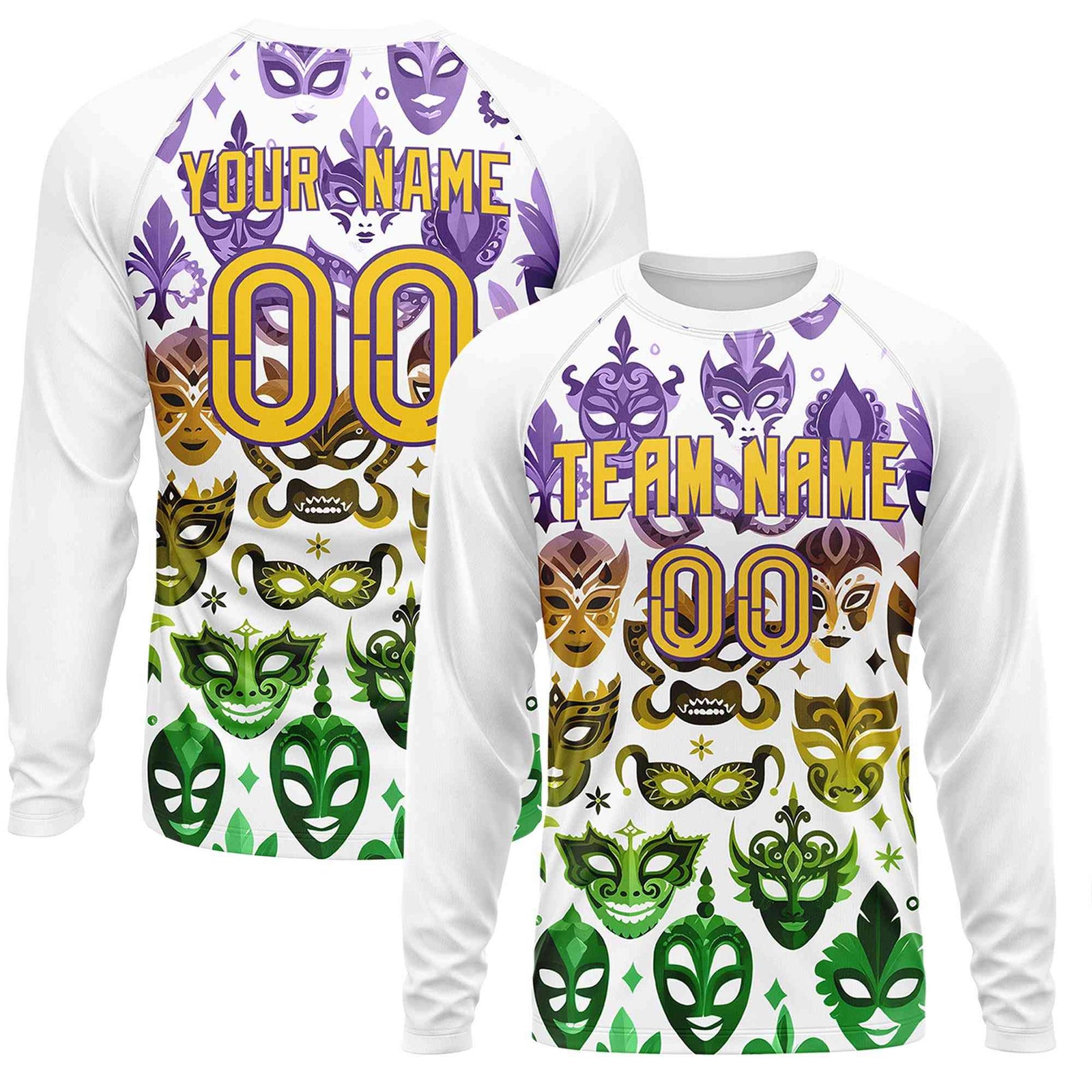 Custom White Gold Crew Neck Personalized Mardi Gras Long Sleeve Performance T-shirt | KXKSHOP