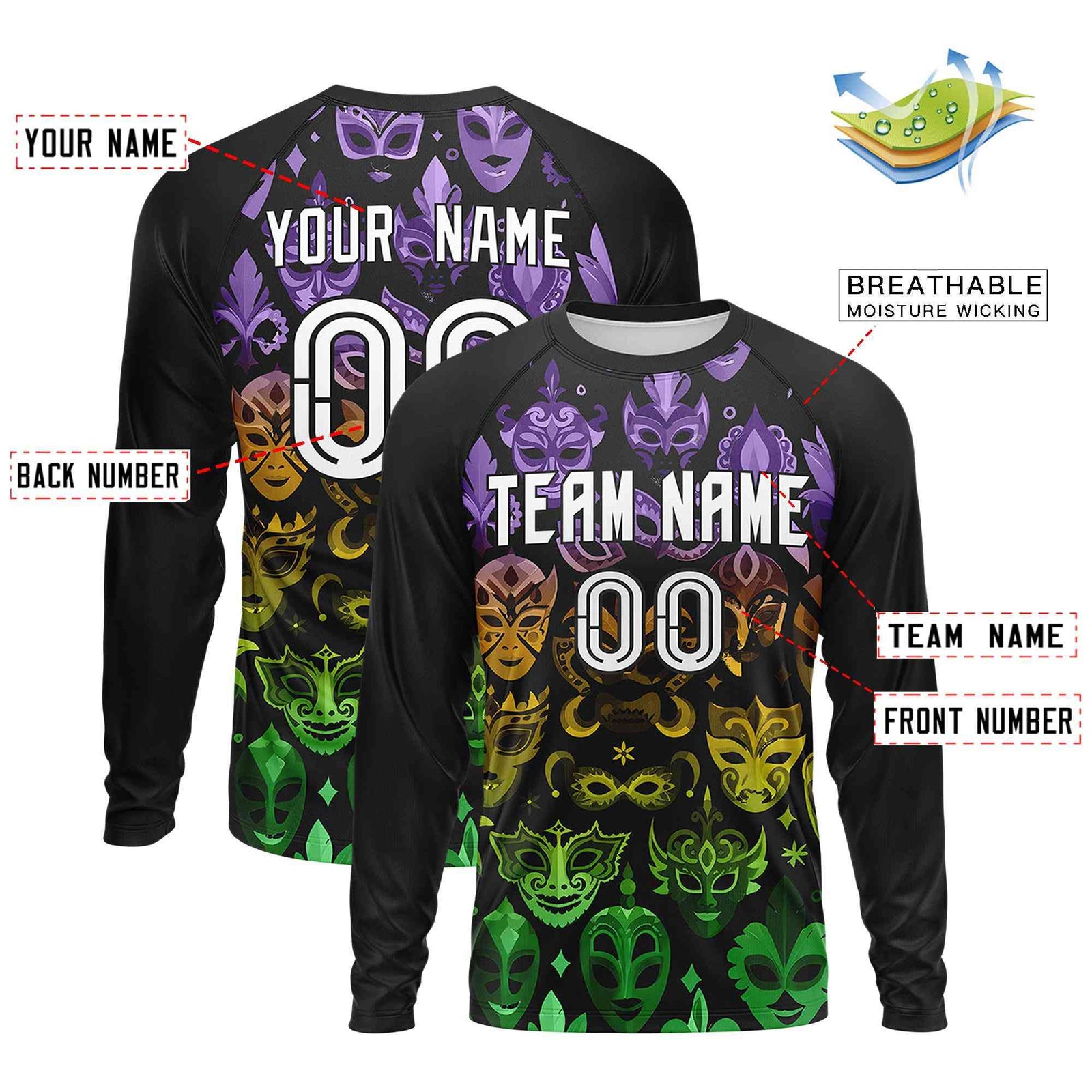 Custom Black White Crew Neck Personalized Mardi Gras Long Sleeve Performance T-shirt | KXKSHOP