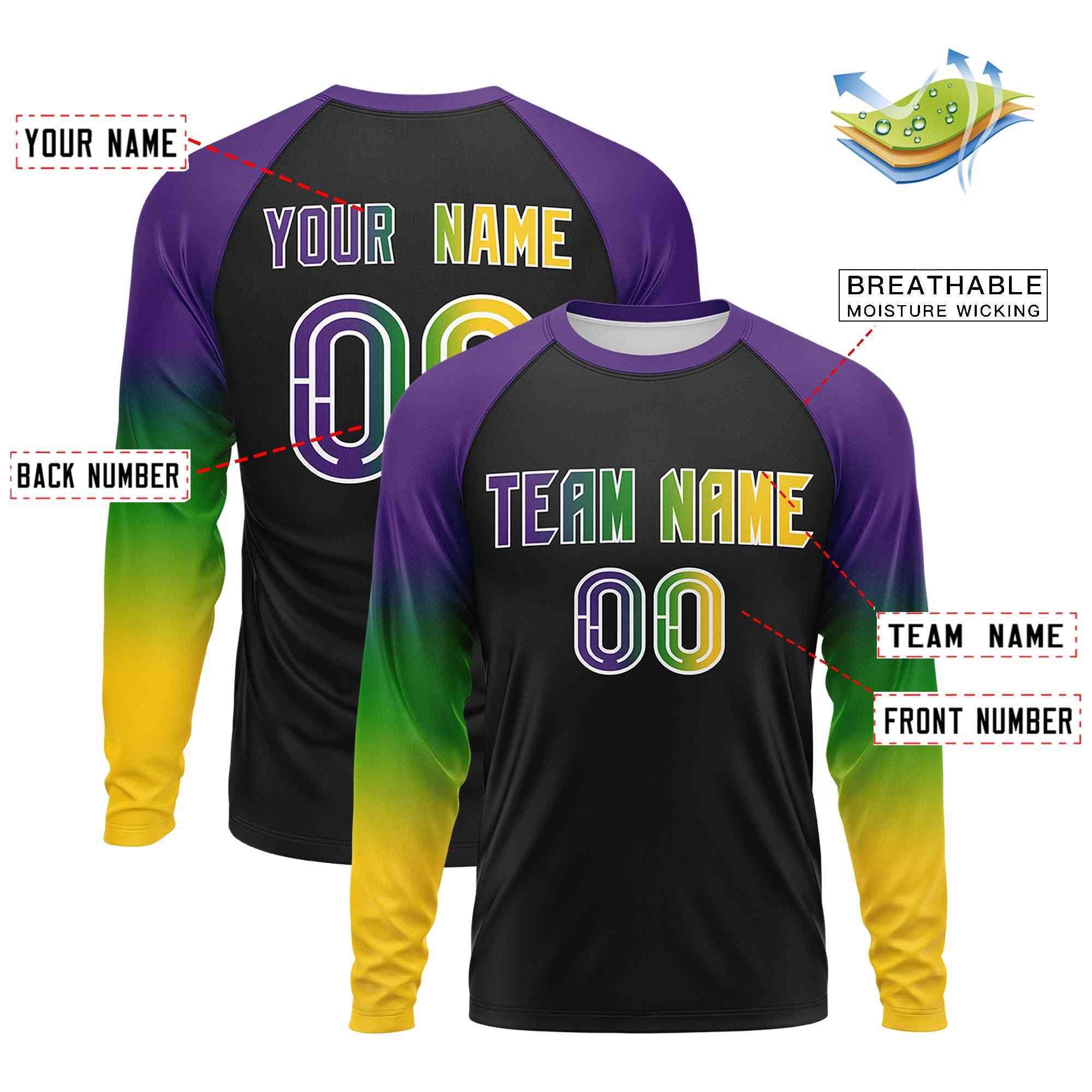 Custom Black Purple Crew Neck Personalized Mardi Gras Long Sleeve Performance T-shirt | KXKSHOP