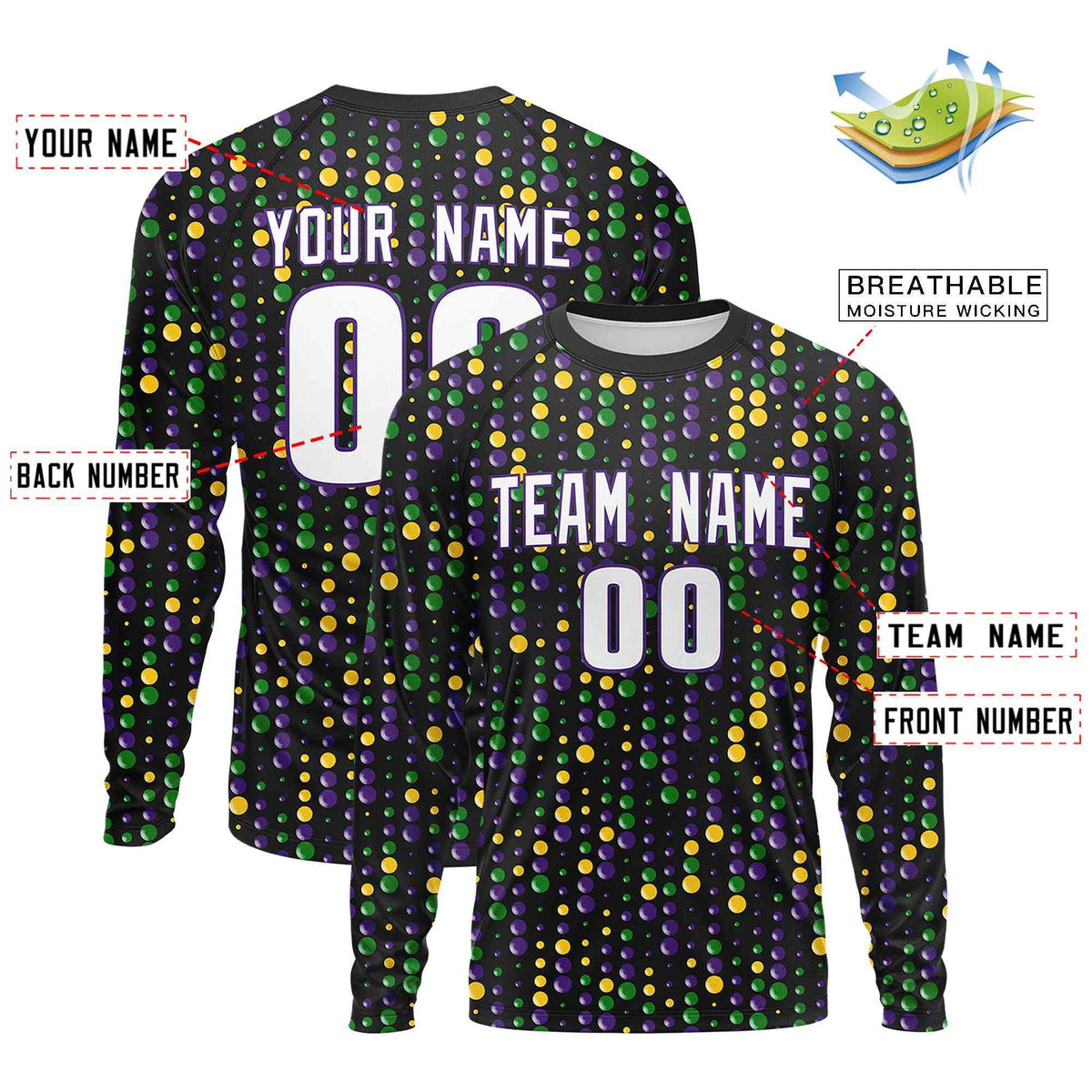 Custom Black White Crew Neck Personalized Mardi Gras Long Sleeve Performance T-shirt | KXKSHOP
