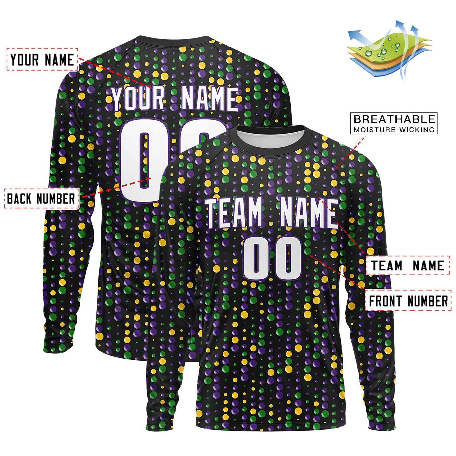 Custom Black White Crew Neck Personalized Mardi Gras Long Sleeve Performance T-shirt | KXKSHOP