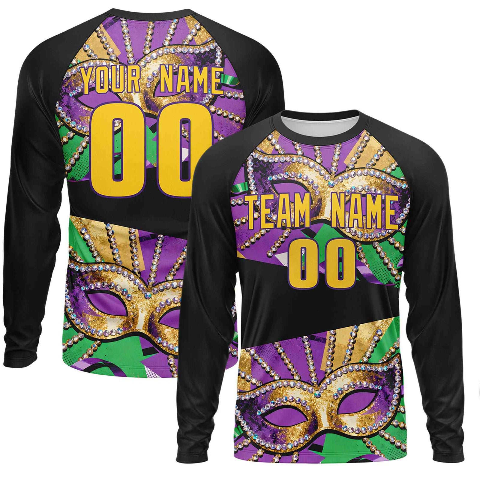 Custom Black Gold Crew Neck Personalized Mardi Gras Long Sleeve Performance T-shirt | KXKSHOP