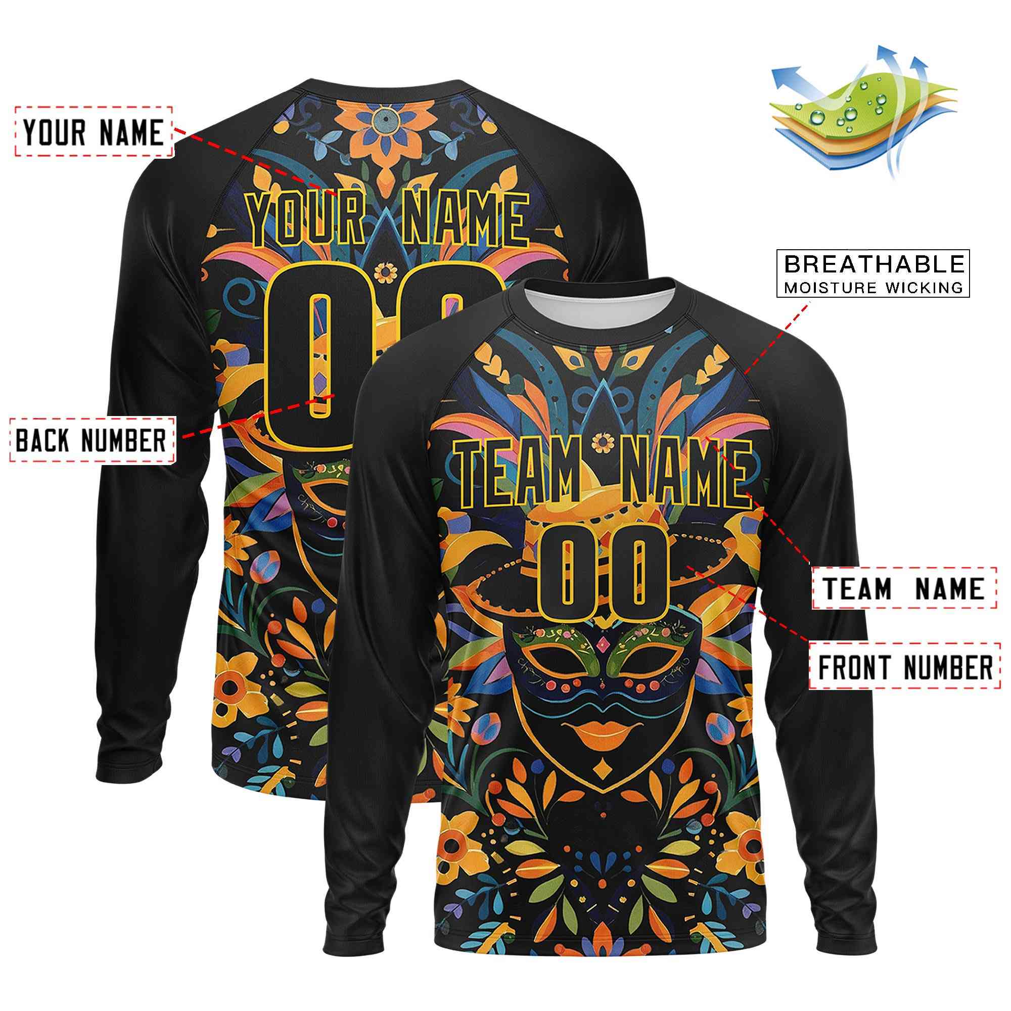 Custom Black Gold Crew Neck Personalized Mardi Gras Long Sleeve Performance T-shirt | KXKSHOP