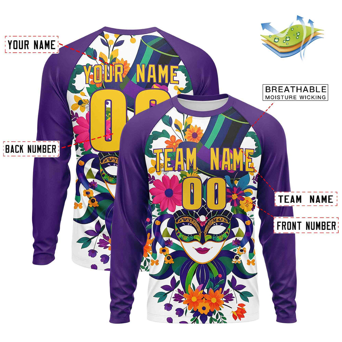 Custom Purple Gold Crew Neck Personalized Mardi Gras Long Sleeve Performance T-shirt | KXKSHOP