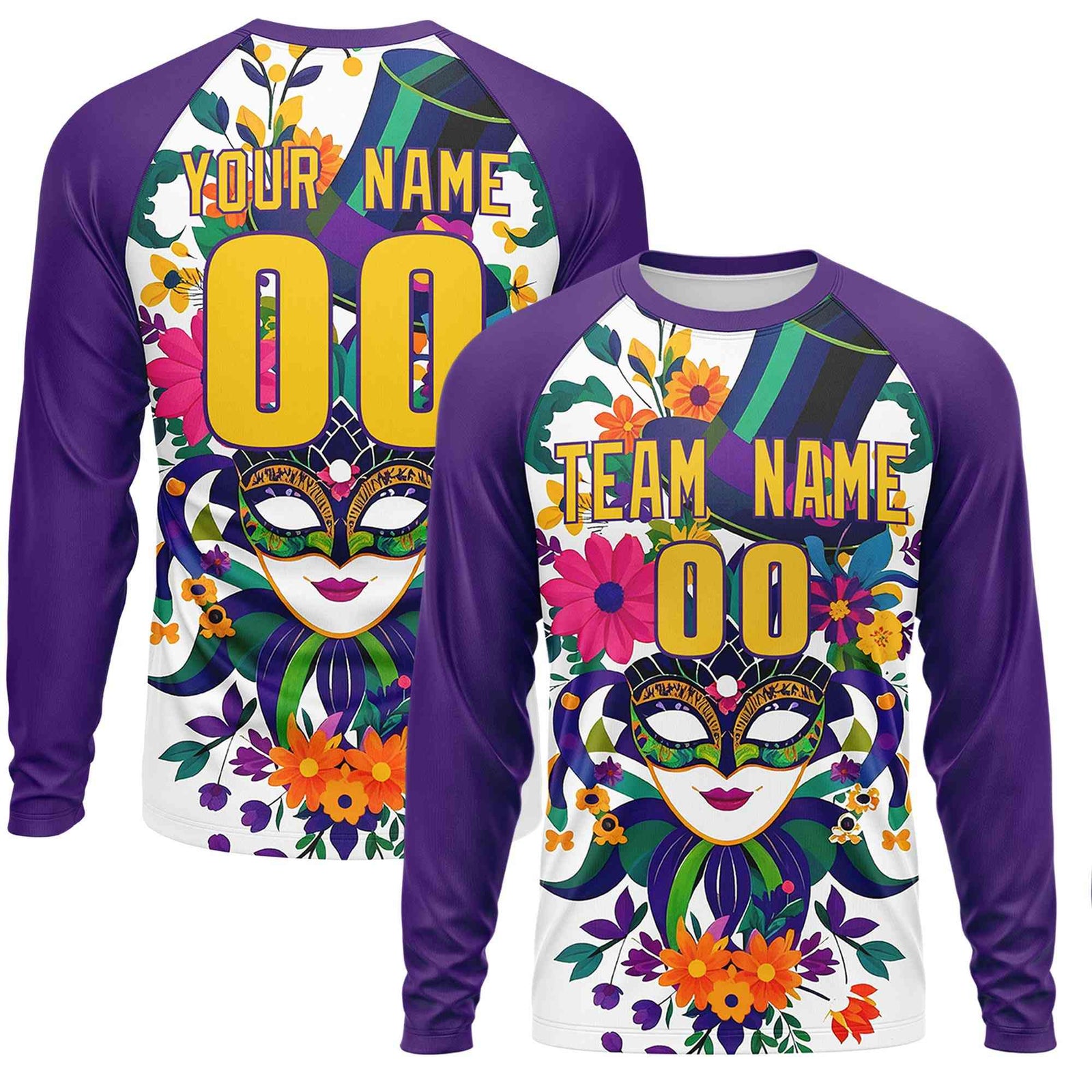 Custom Purple Gold Crew Neck Personalized Mardi Gras Long Sleeve Performance T-shirt | KXKSHOP